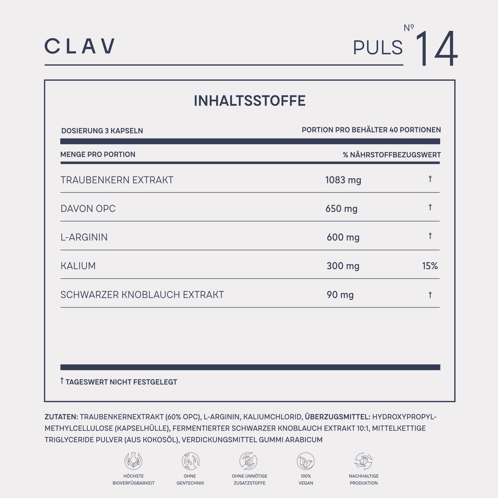 N°14 Puls - OPC Traubenkernextrakt mit 650mg OPC hochdosiert je Tagesdosis, L Arginin, Schwarzer Knoblauch & Kalium für den Blutdruck - 120 Kapseln - Vegan