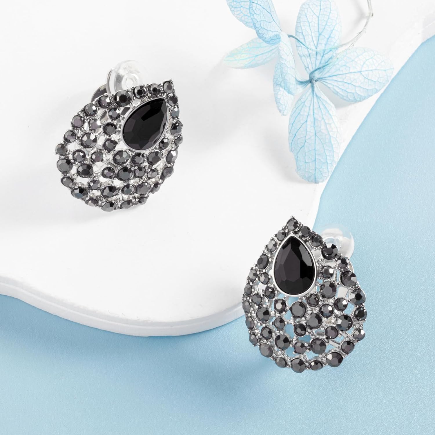 SELOVO Rhinestone Teardrop Big Stud Earrings Clip On Earrings - Image 3