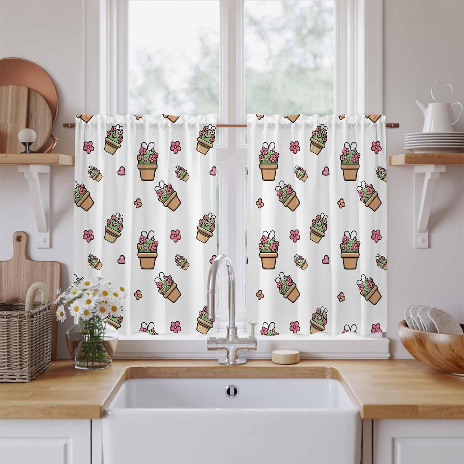 Easter Rabbits Ears Kitchen Curtains, Spring Cactus Potted Plant Flowers Light Filtering Window Curtain Panels, 2Pcs Rod Pocket Window Treatments Set for Study Room Bathroom Bedroom 52x54 Inches