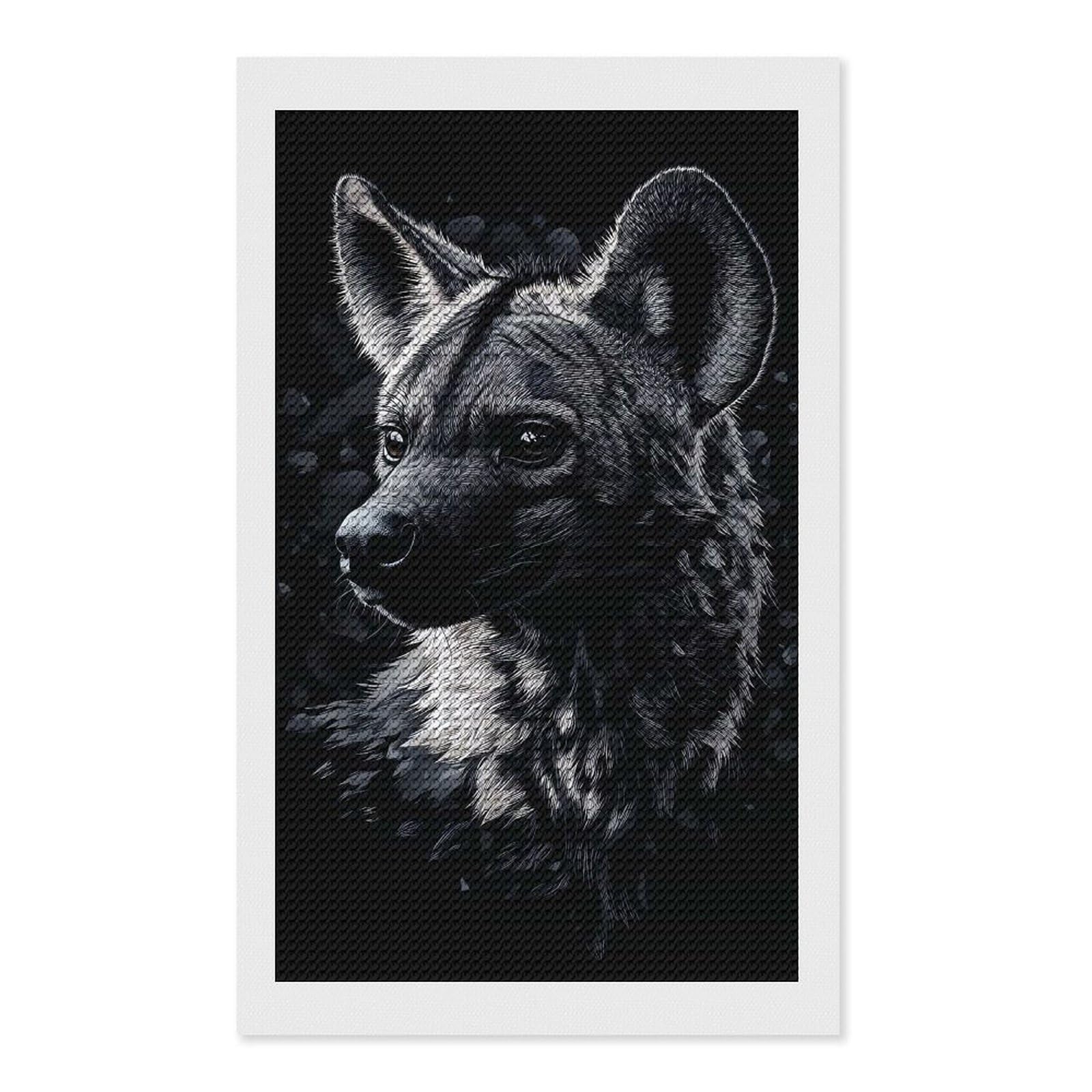Junmoney Hyena Portrait in Black and White Diamond Art Canvas 12"x20", for Adults, Pleasing Wall Art Project, Modern Decor, Gift Idea, Nice Detail and Sparkle