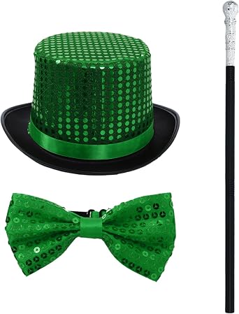 Alvivi Top Hats for Men and Women Sequined Top Hat Bow Tie Cane Set for Adults Elegant Costume