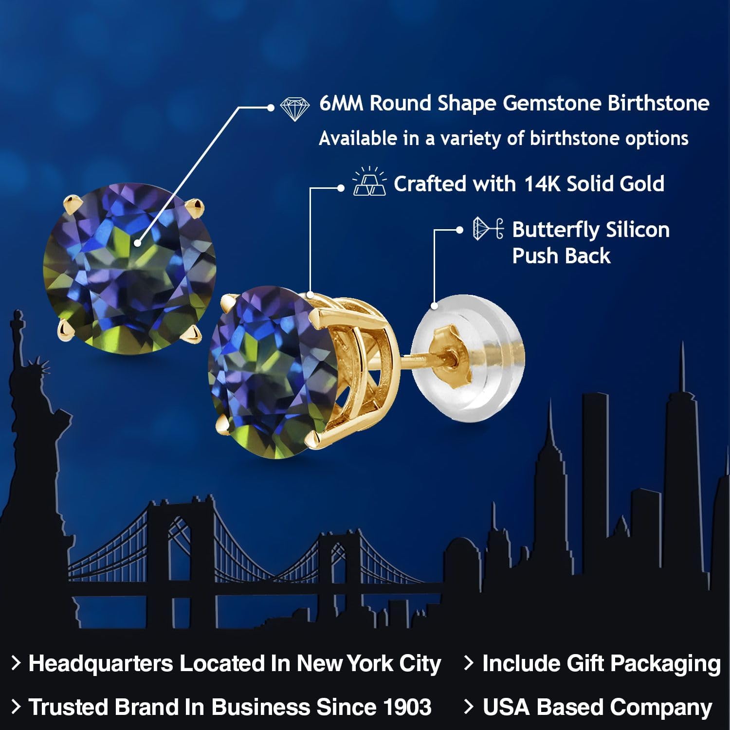 Gem Stone King 14K Yellow Gold Gemstone Birthstone Stud Earrings for Women Men | Round 6MM | Gold Earrings for Him and Her | Fine Jewelry Gifts for Mom Dad Wife