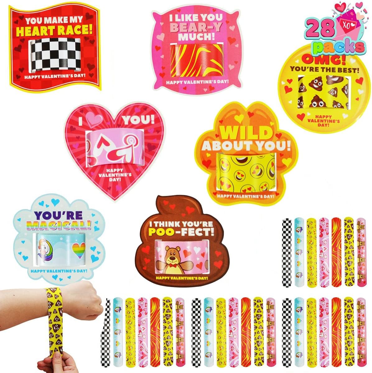 JOYIN 28 Packs Valentine's Day Slap Bracelet Set with Valentine Gift Cards for Classroom Exchange Prizes, Valentine Party Favors, Valentine’s Greeting Cards