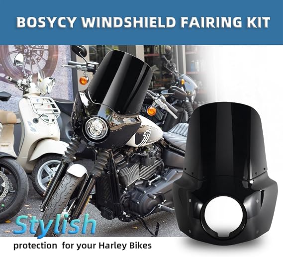 Motorcycle Fairing Windshield Kit, 5.75 Headlight Fairings 48-58mm Forks 15 Dark Gray Windscreen with Extension for Harley 2006-2017 Dyna Low Rider FXDL Super Glide Street Bob FXDB