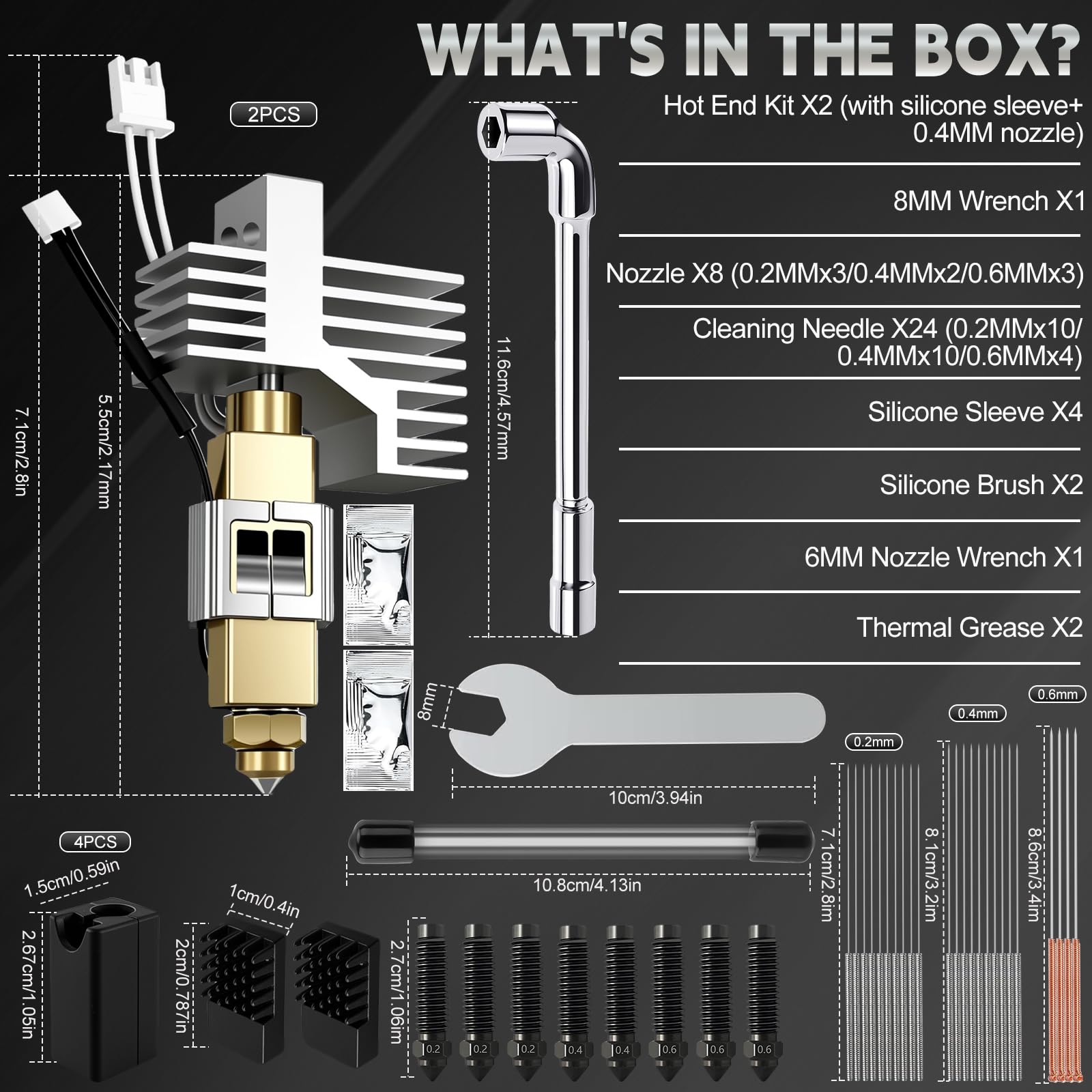 2 Piezas 0.4MM Cerámica Hotend para Centauri Carbon/Centauri Extrusora Kit con Funda de Silicona, Cepillo de Silicona, Boquillas de 0, 2/0, 4/0, 6 mm, Aguja de Limpieza, Llave Inglesa, Pasta Térmica