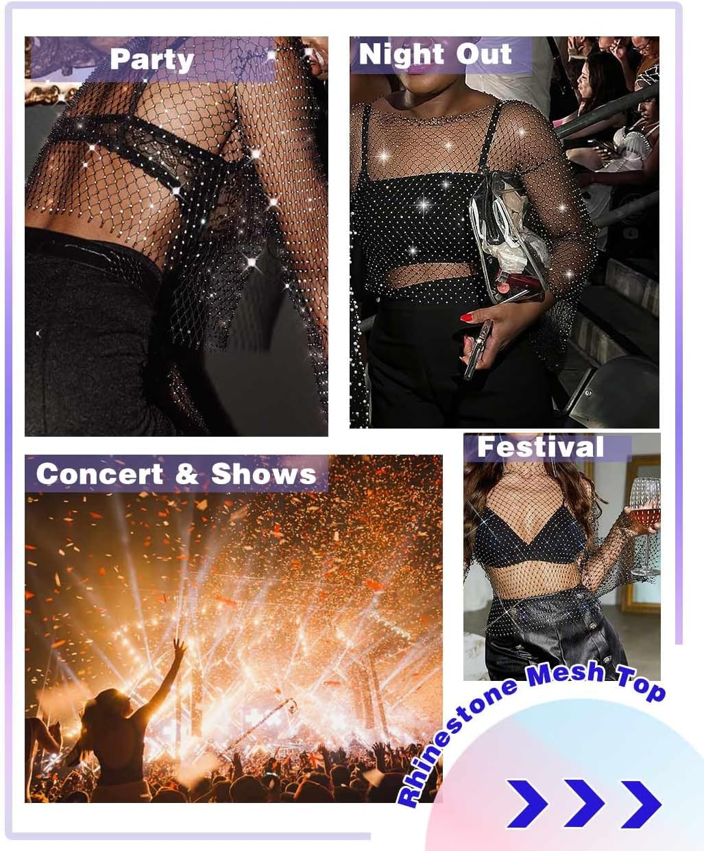 Yokawe Fishnet See Through Crop Top Long Sleeve Black Rhinestone Mesh Glitter Festival Top for Women - Image 6