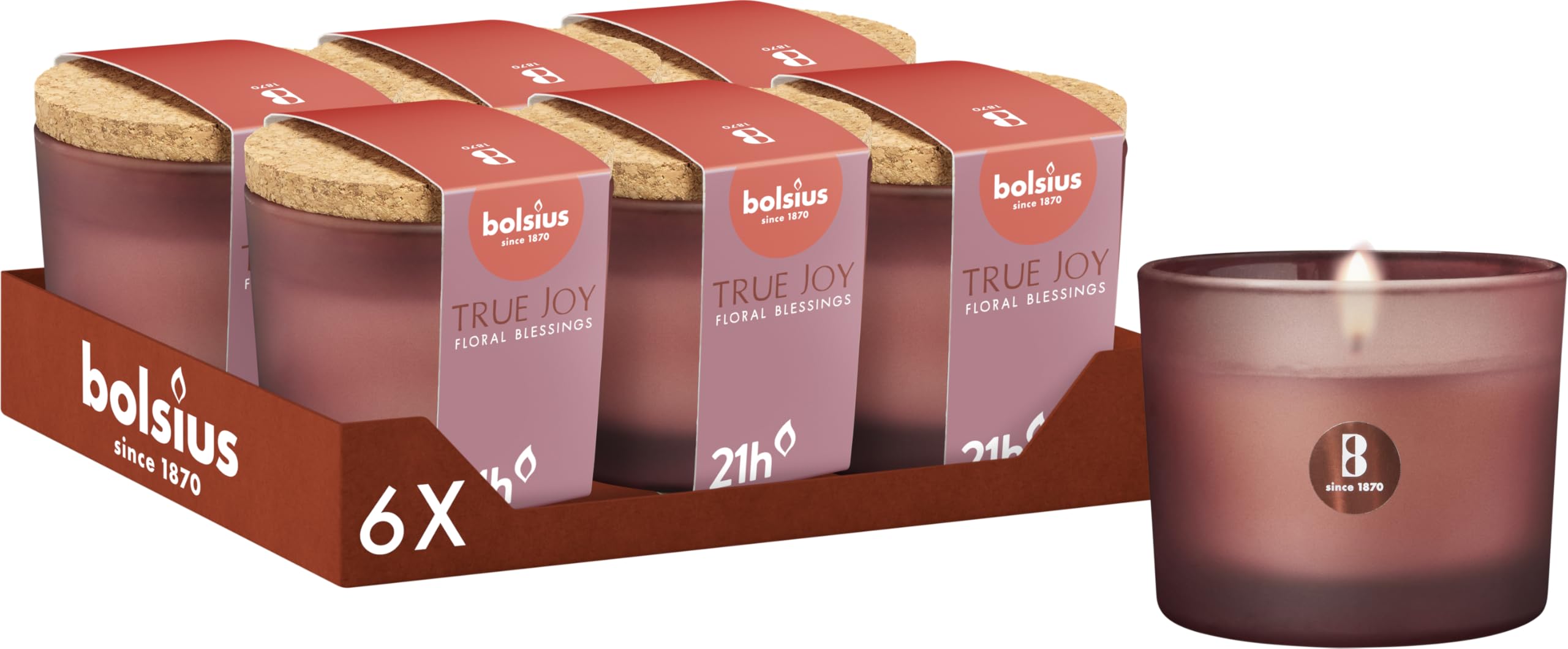 Bolsius - True Joy - Scented Candle with Cork Lid - Burgundy - Floral Blessings - Burn time: 21 Hours - with Natural Extracts - with Natural Vegetable Wax