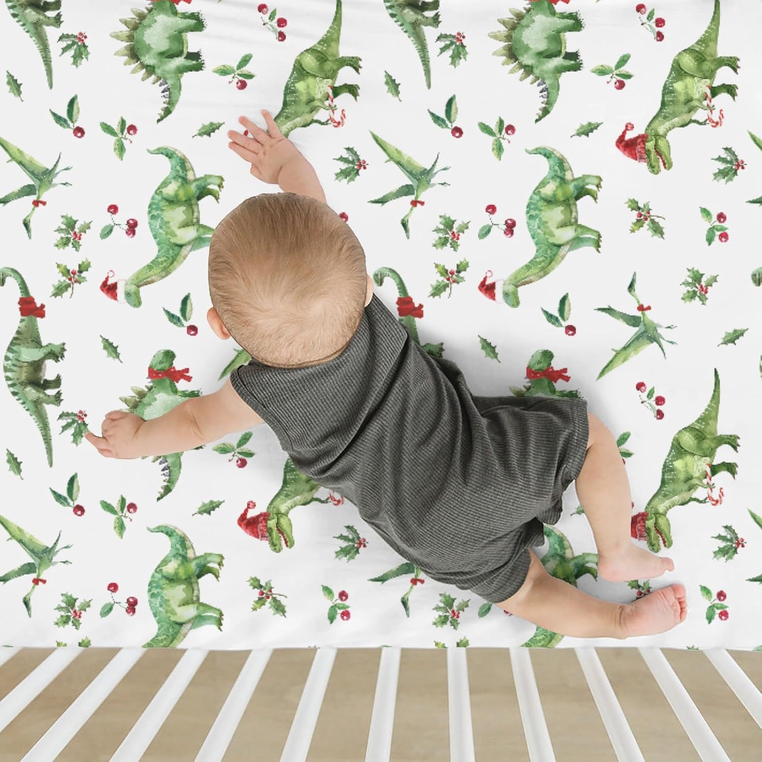 Christmas Dinosaur Santa Hat Baby Crib Sheets for Boy Girl 28"x52" Green Dinosaurs Fir Cherry Leaves Soft Snug Fitted Crib Mattress Cover Winter Holiday Baby Sheet for Standard Crib & Toddler Mattress