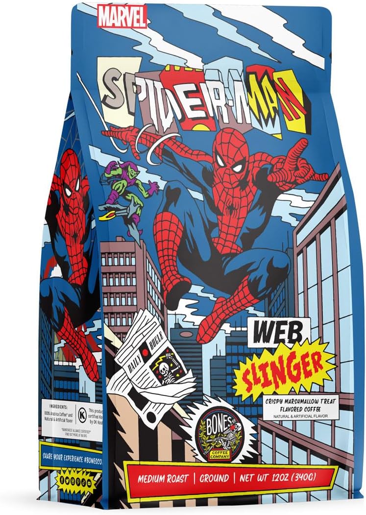 Bones Coffee Company Spiderman Web Slinger Flavored Coffee Beans, Medium Roast Ground Coffee Low Acid, Crispy Marshmallow Treat Flavor(12 oz)