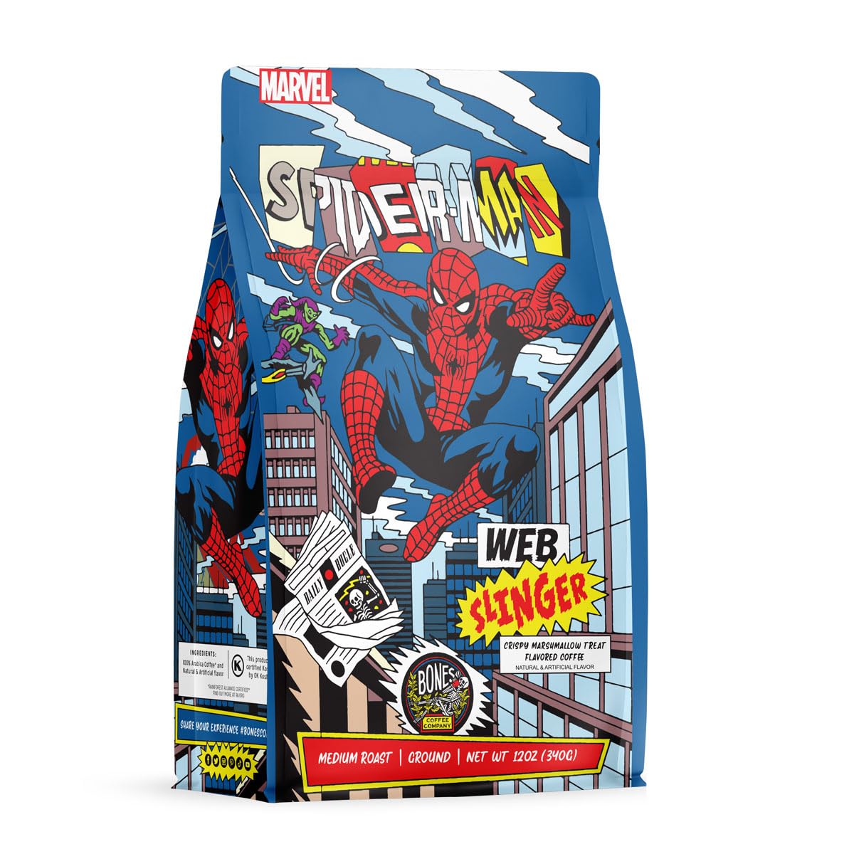 Bones Coffee Company Spiderman Web Slinger Flavored Coffee Beans, Medium Roast Ground Coffee Low Acid, Crispy Marshmallow Treat Flavor(12 oz)
