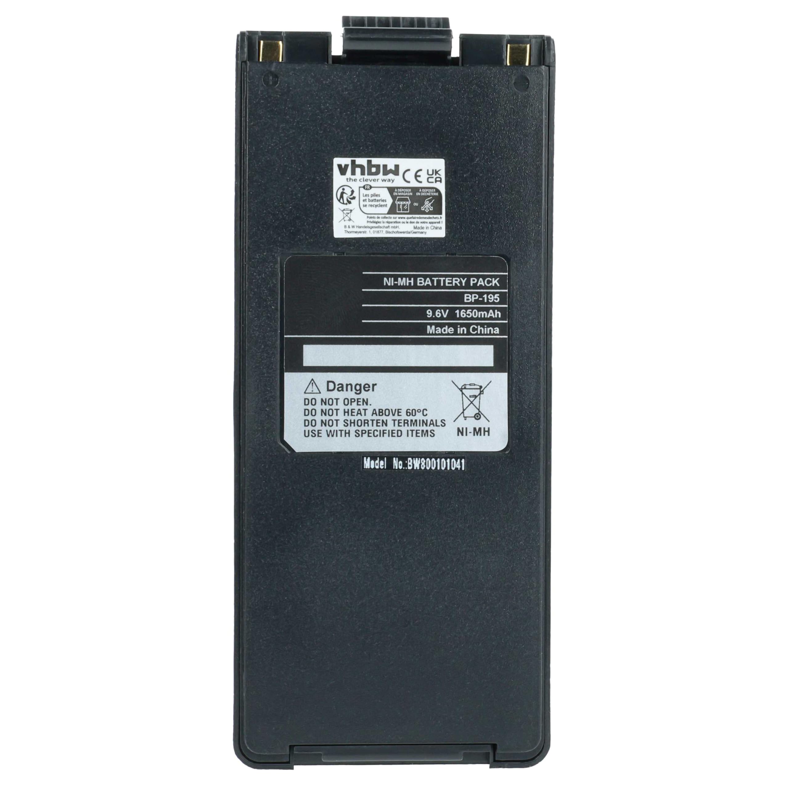 vhbw batteria sostituisce Icom BP-195, BP-196H, BP-196, BP-196R per radio (1650mAh, 9,6V, NiMH) + clip