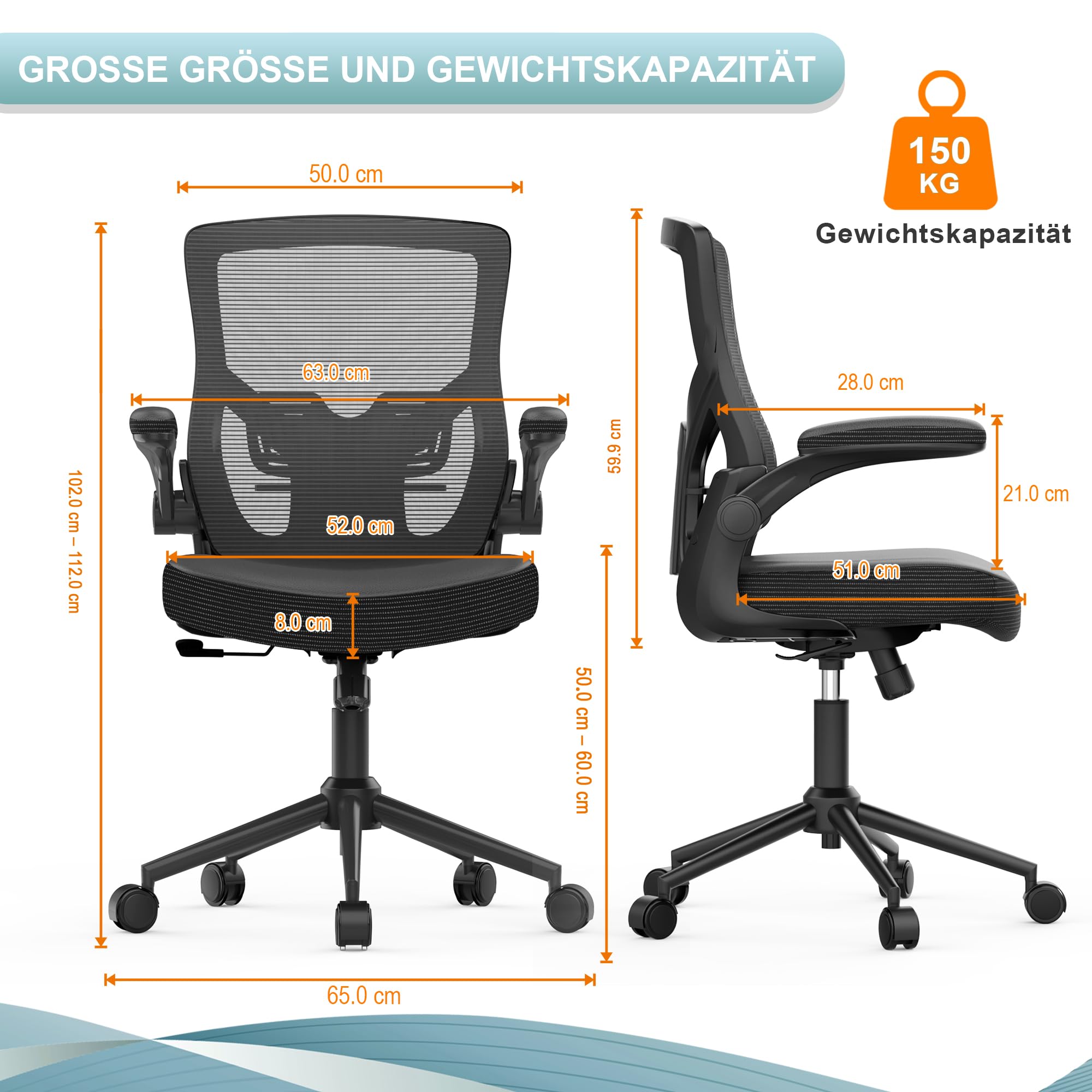 CYKOV Homeoffice Bürostuhl Ergonomisch Klappbare Armlehne Wasserfallsitz | S-Kurve Wirbelsäulenstütze, 4-fach Arretierung 90°-135°, SGS-zertifiziert 150kg Tragkraft, Lendenwirbelstütze verstellbar