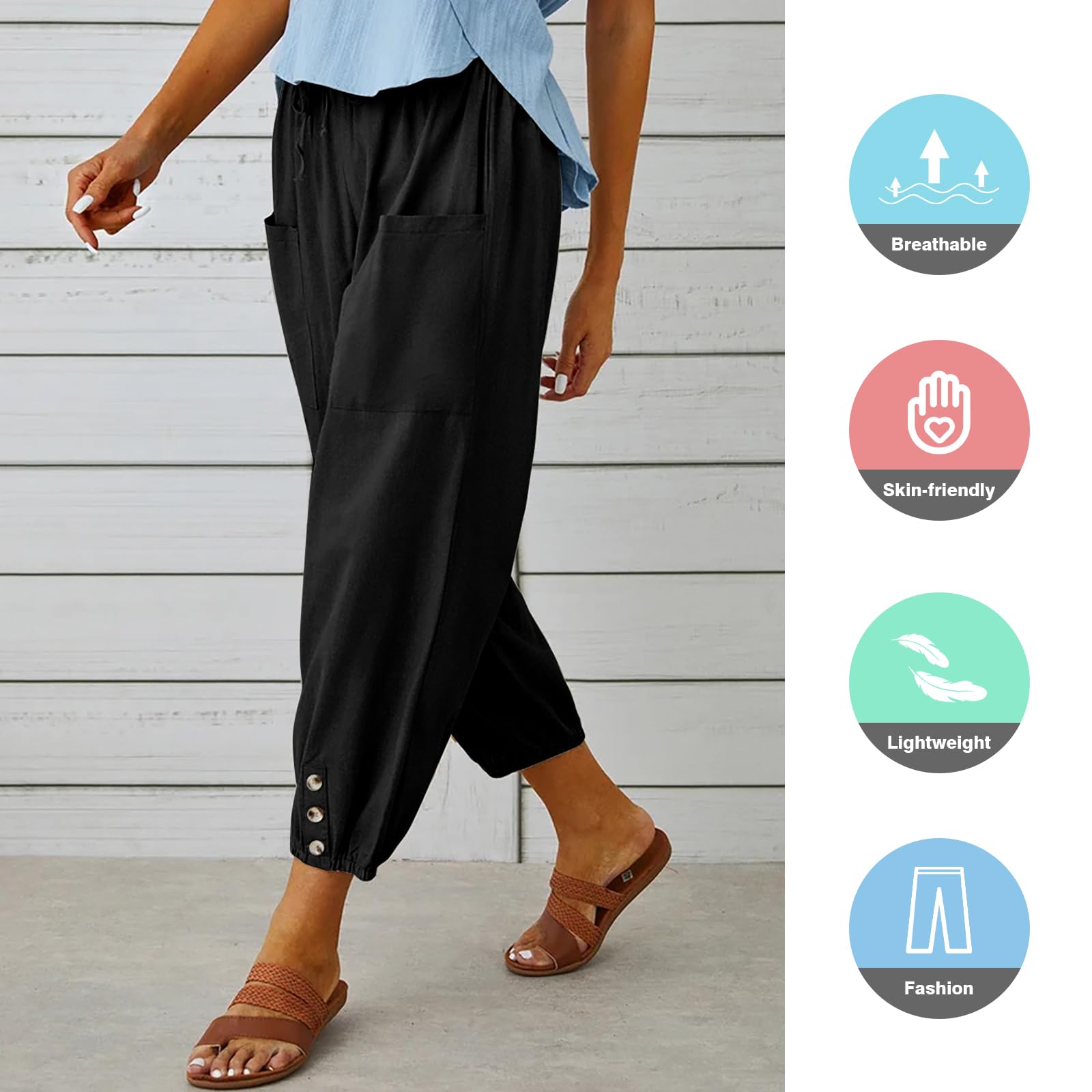 Pantalones Mujer Verano 7/8 Algodón Harem Cintura Elástica Ligeros Playa