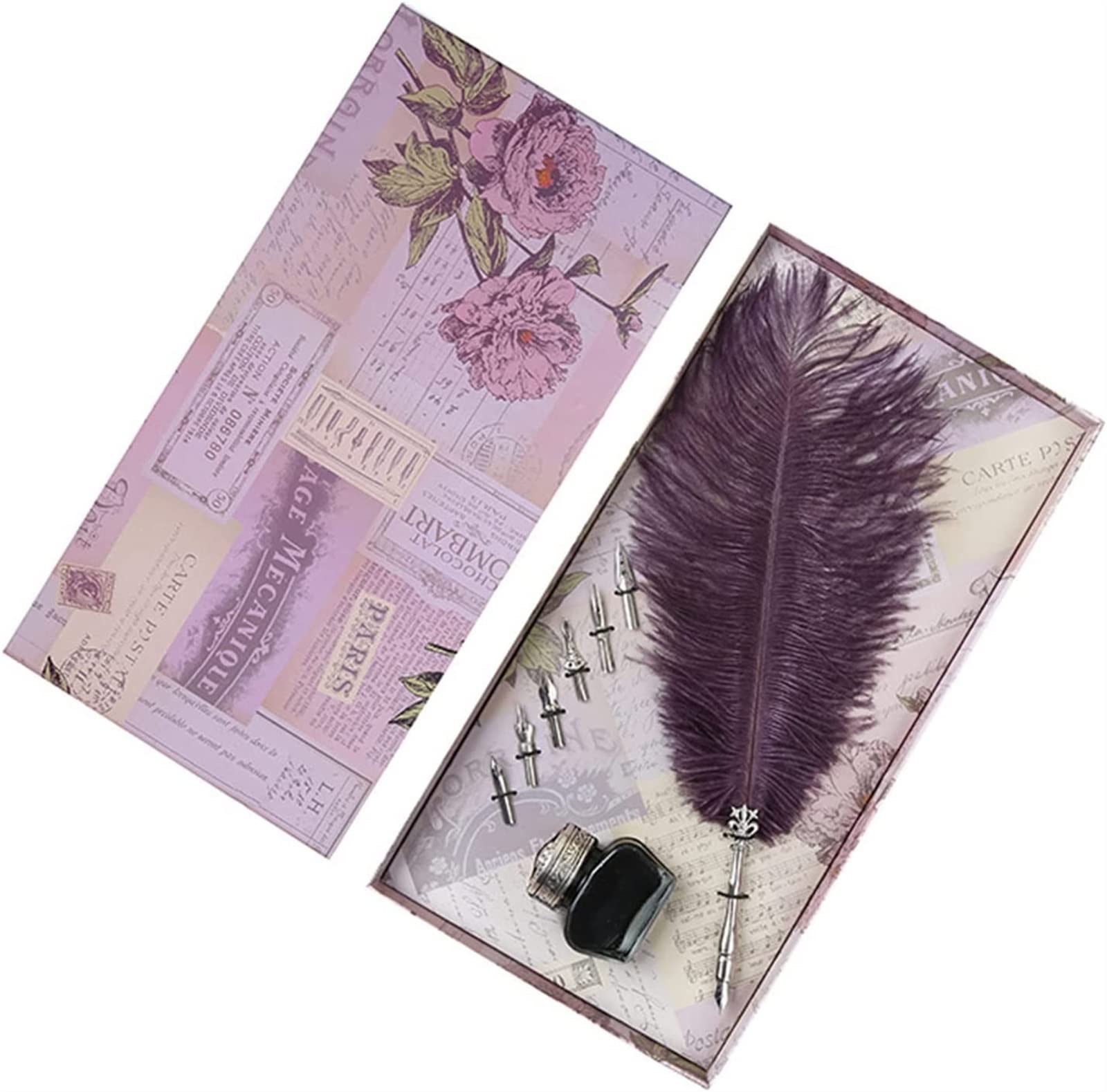 Zestaw piór do kaligrafii, Zestaw piór kaligraficznych Feather Pen Zestaw piór gęsich i atramentu(Purple)
