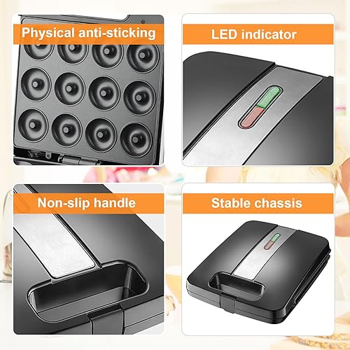 Miniatura 4 de Nueva mini máquina para hacer donas, mini máquina para hacer panqueques para el desayuno, máquina antiadherente de doble cara para hacer 12 donas,