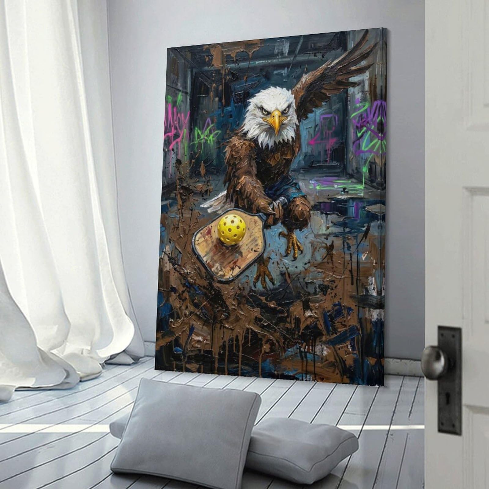 Junmoney Frame-Style-11 Eagle Pickleball Player In Urban Setting Canvas Wall Picture, 20X30inch(50X75cm), For Study, Office Or Focused Interiors, Home Office Artwork With Decorative Appeal