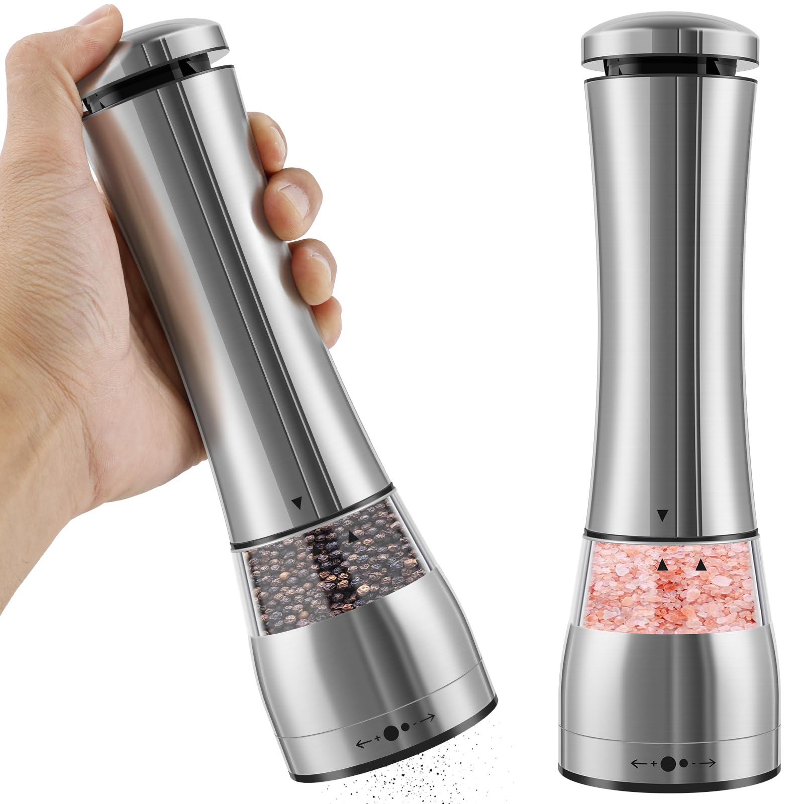 SHASUXTING Salt and Pepper Grinder Set Adjustable Grinding Pepper Grinder Mill Set One Button Operate Electric Pepper Mill Set LED Light Base Stainless Steel Ceramic Mechanism Clear Acrylic Window for
