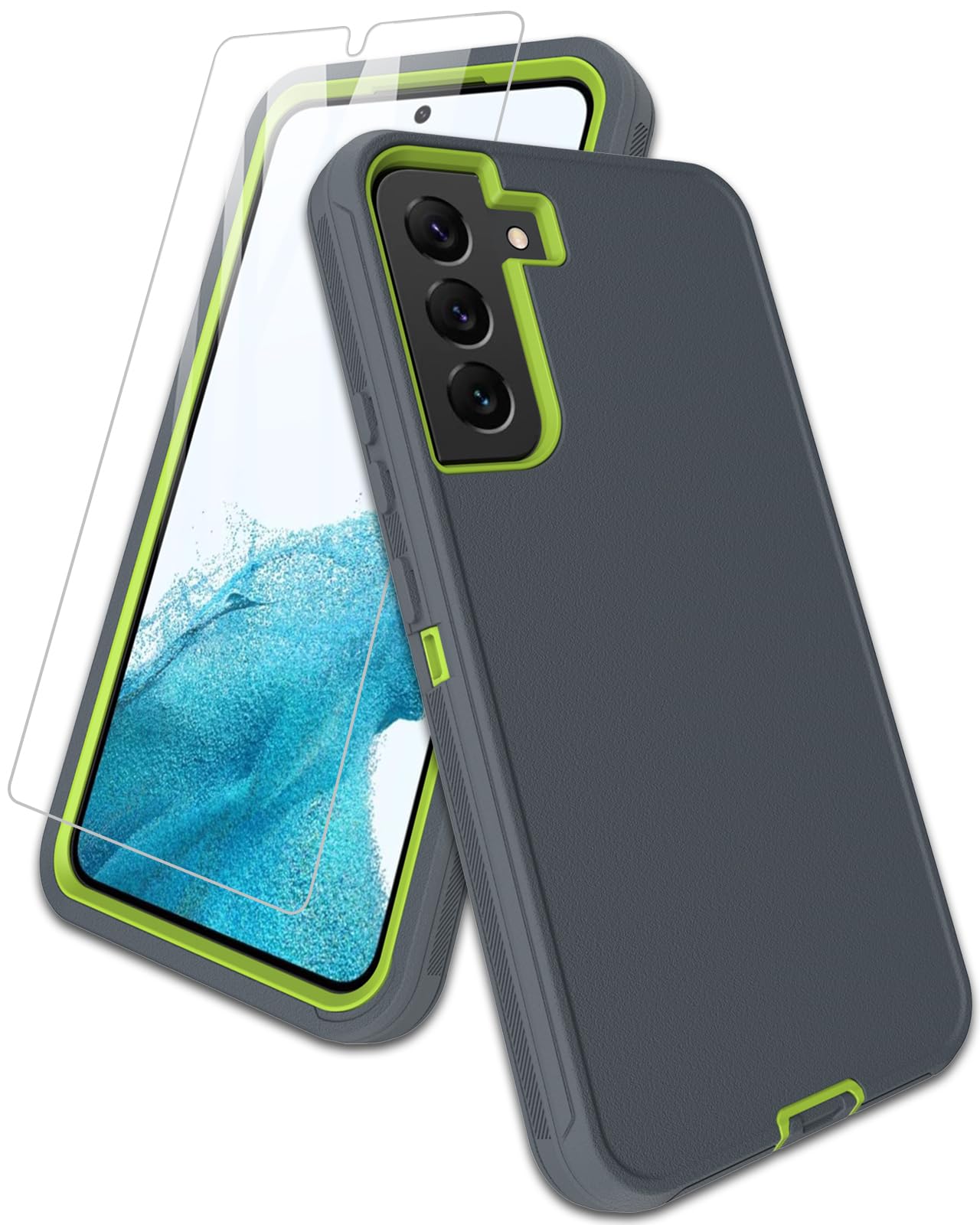 Aliruke for Samsung Galaxy S22 Case, with Screen Protector, Port Protection, Full-Body Non-Slip Silicone Rubber Covered, 3-Layer Drop-Proof Cover Phone Case for S22 5G, Green/Grey