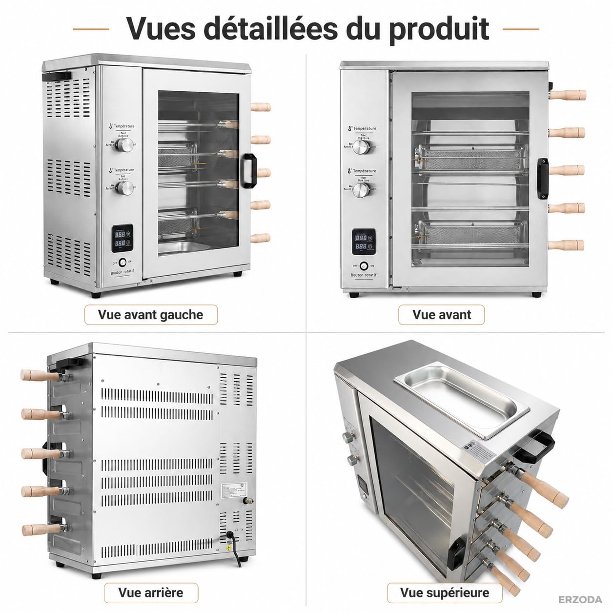 Four Rôtissoire Professionnel à Gaz GPL, Rôtissoire à Poulet 5 Broches en Acier Inox pour Restaurant et Snack