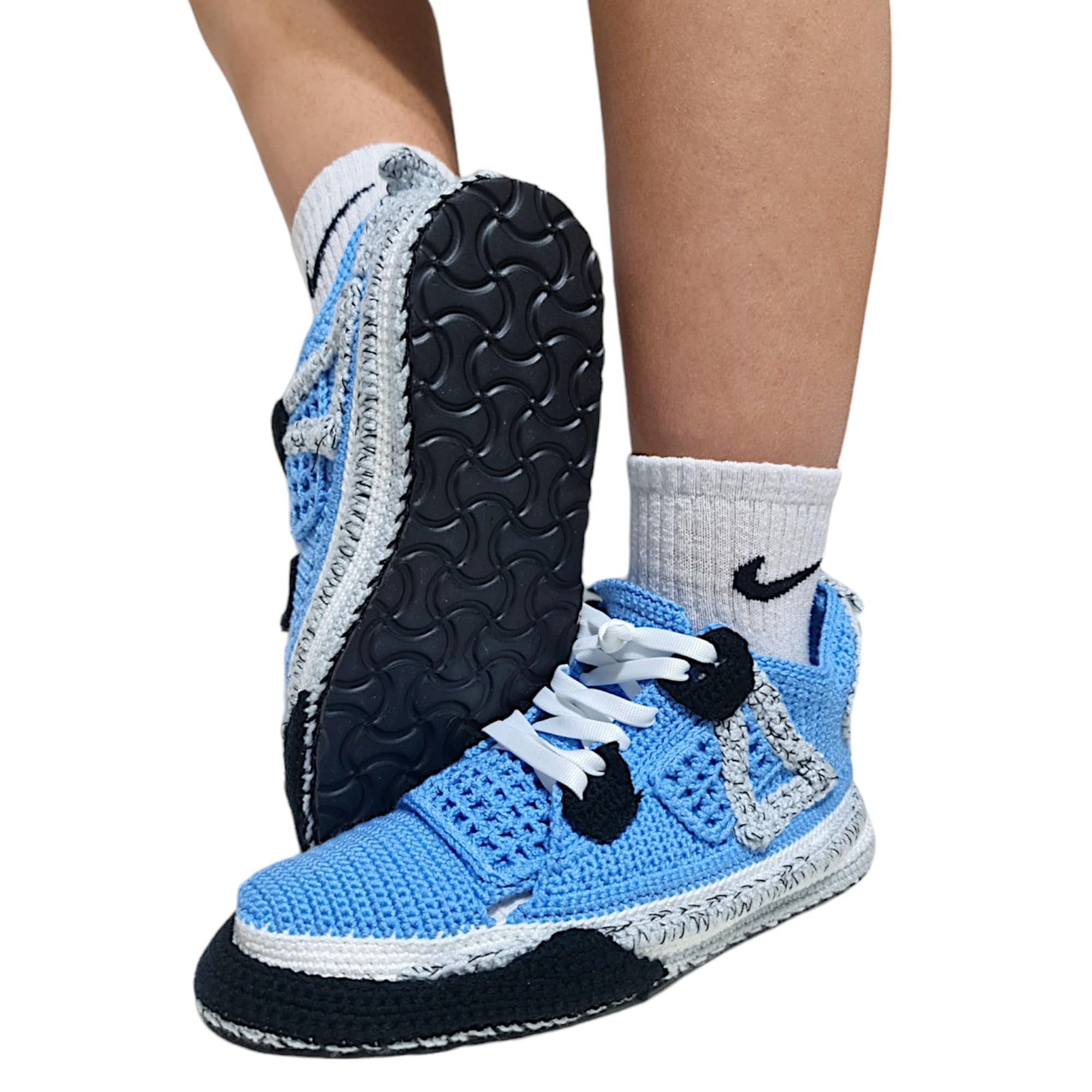 Handmade AJ4 University Blue Crochet Sneaker Slippers Custom Retro Basketball House Shoes Unique Gift for Sneaker Lovers