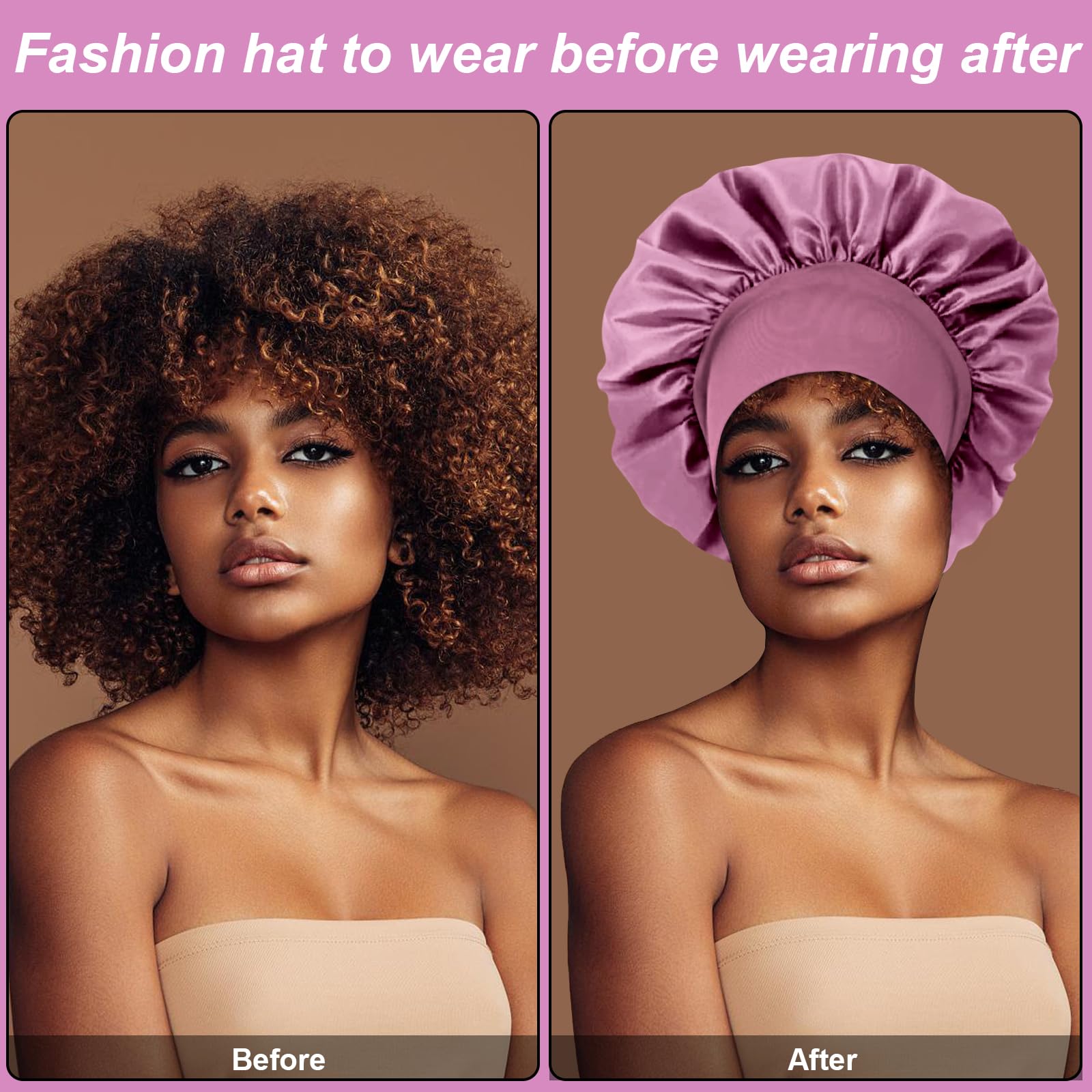 4PCS Silk Bonnet for Sleeping,Hair Wrap Satin Bonnets Shower Cap for Black Women Men Elastic Wide Band Bonnet Cap for Sleeping Curly Hair(Black & Bean Paste Pink & Purple & Brown) - Image 4