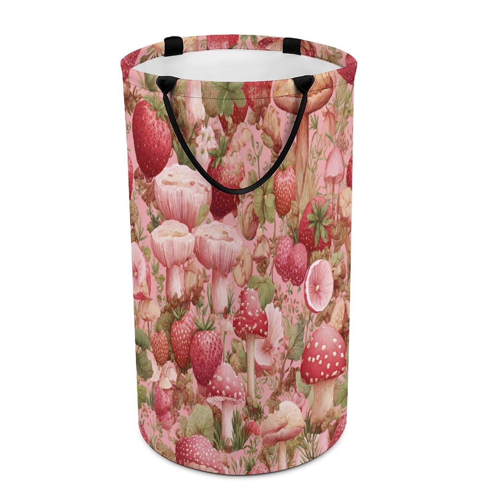 LUYYSKY Rustic Abstract Fruit Strawberries Versatile Storage Laundry Basket, Cute Cartoon Botanical Plants Strawberry Mushrooms Large Capacity Bathroom Hamper With Handle