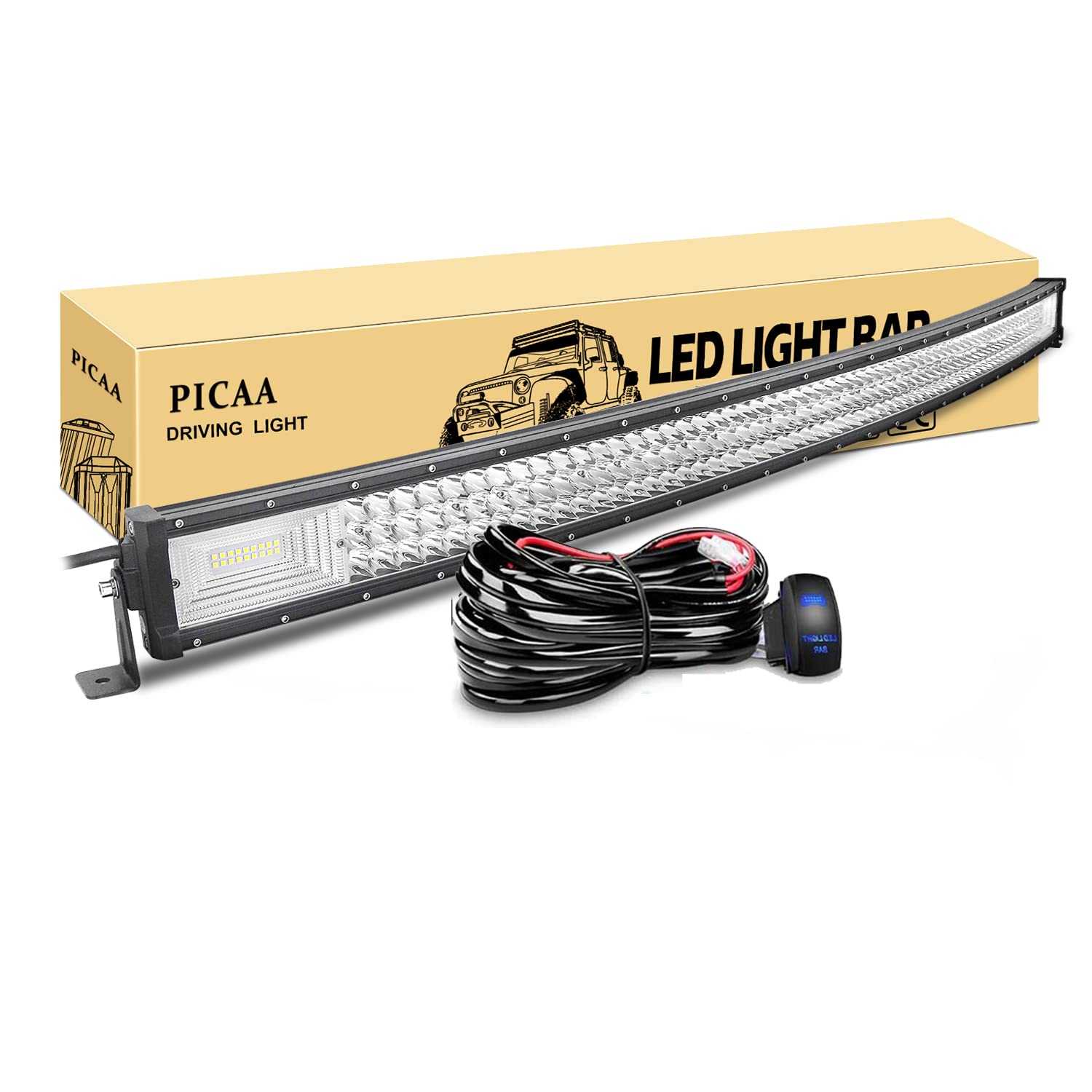 PICAA Barra Led Fuoristrada, 50 Pollici 125cm 7D Curva Tripla Fila 648W Spot Flood Luci di Lavoro Con Cablaggio per Moto 4WD SUV ATV UTV Camion 12V