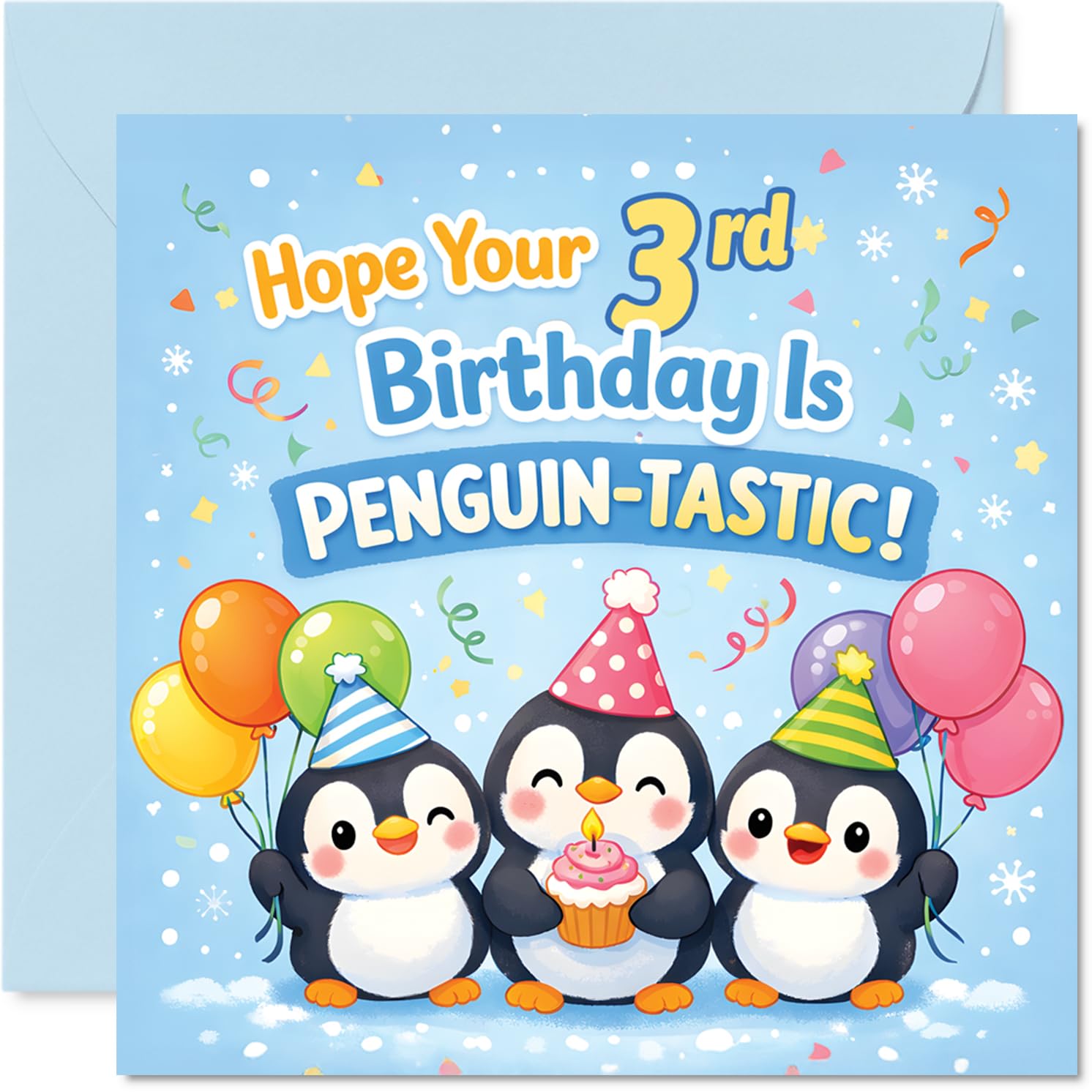 Playful 3rd Birthday Card - Let's Make Your 3rd Birthday Penguin-tastic - Cheery Party Penguins with Balloons - Bursting with Fun and Colour - 145mm Square, Envelope Included