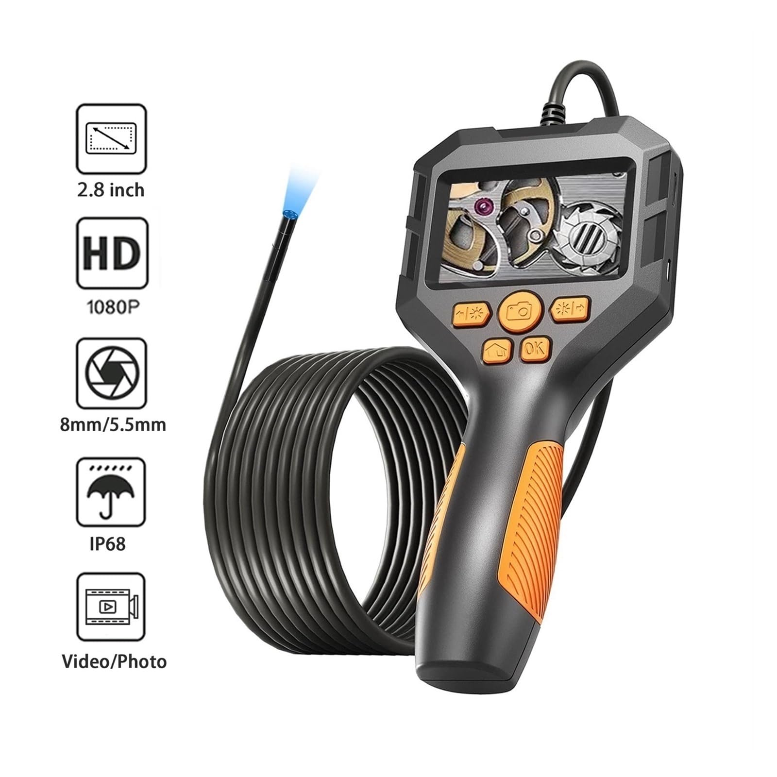 Kamera inspekcyjna endoskopu Przemysłowa Kamera Endoskopowa 2.8 ''ekran IPS HD1080P Boroskop Inspekcyjny IP68 Wodoodporny 8mm/5.5mm Obiektyw LED Do Rury Samochodowej Kanalizacja(15m,P10-5.5MM Lens)
