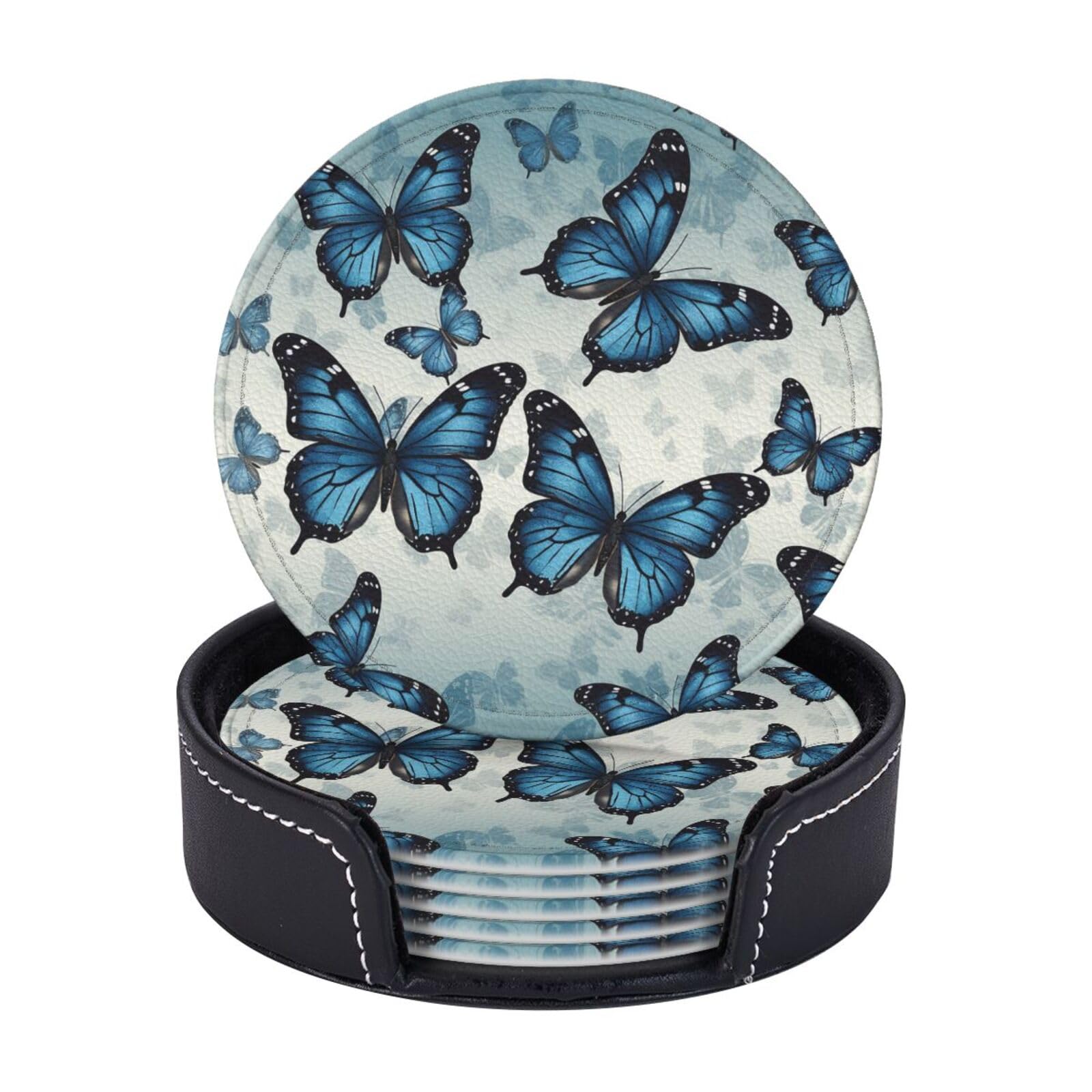 6PCS Drink Coasters with Holder, 4" Leather Coasters for Drinks, Blue Butterfly Cup Coasters for Coffee Table Decor, Non-Slip Drinking Cup Mat for Hot or Cold Drink