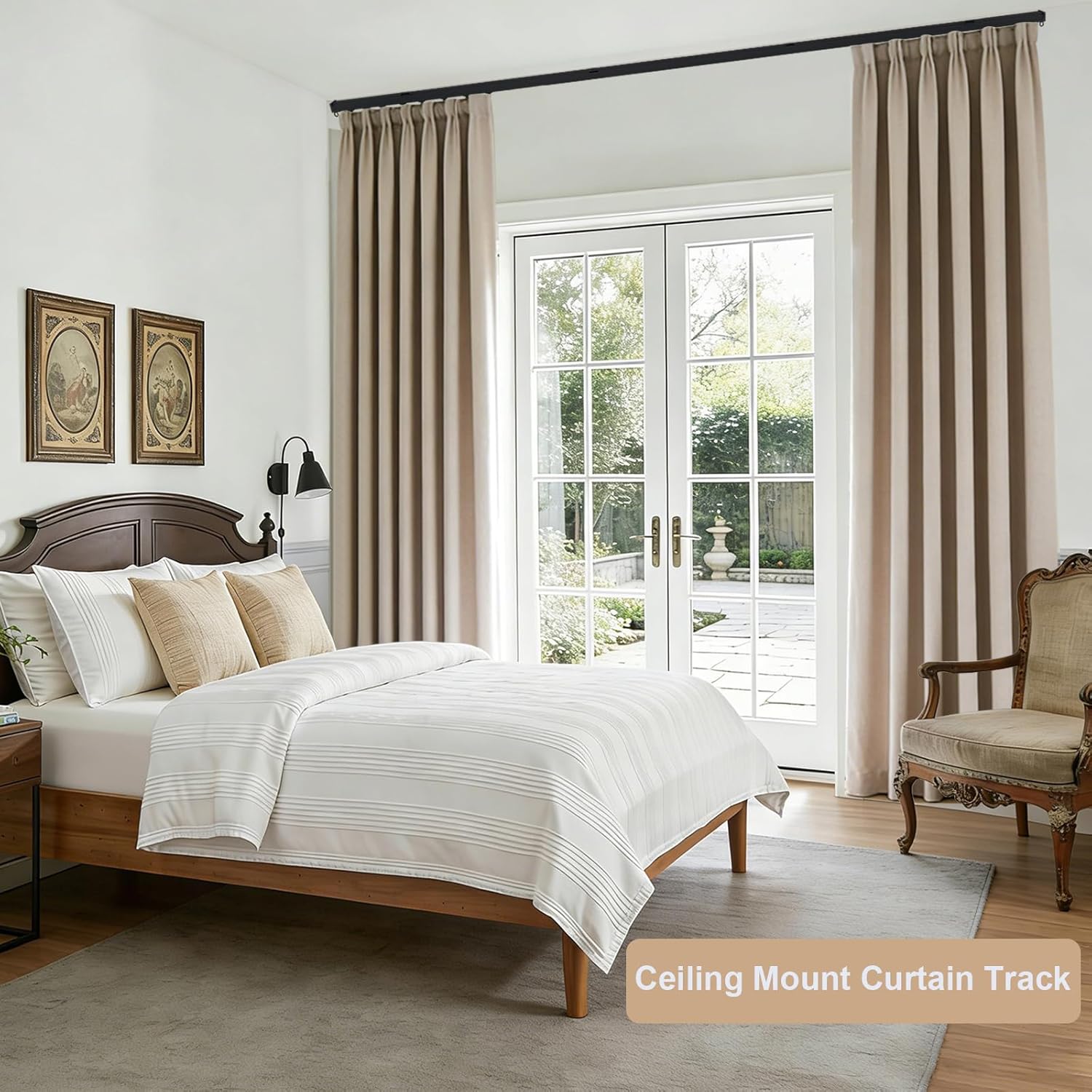 Ceiling Curtain Track, Heavy Duty Curtain Tracks System for Room Divider, Wall Mount Sliding Curtain Rail with Clip and Hooks Set for Living Room, Bedroom, Shower, Outdoor, Black,9ft-12ft