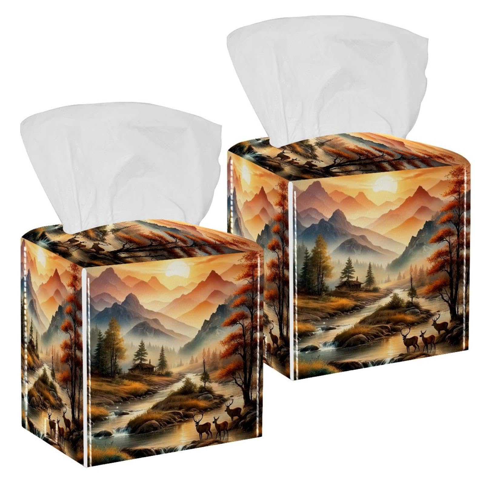 Sunset Mountain Deer Tissue Box Cover, 2 Pack PU Leather Square Facial Tissue Dispenser Box holder for Home Office Car