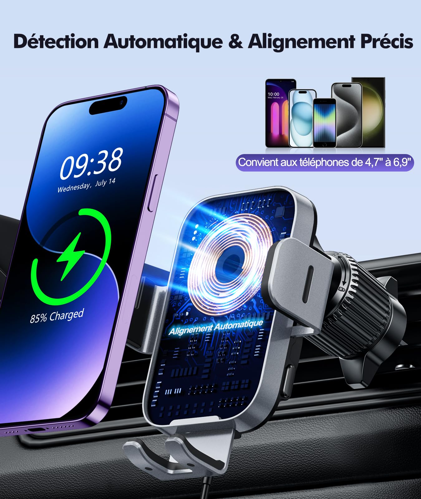 ISEYOU Support Telephone Voiture Induction, 15W [Serrage Automatique] Chargeur Induction Voiture sans Fil avec QC 3.0 Chargeur Adaptateur Rapide Compatible avec iPhone 17 16 15 Pro Max, Galaxy S25/S24