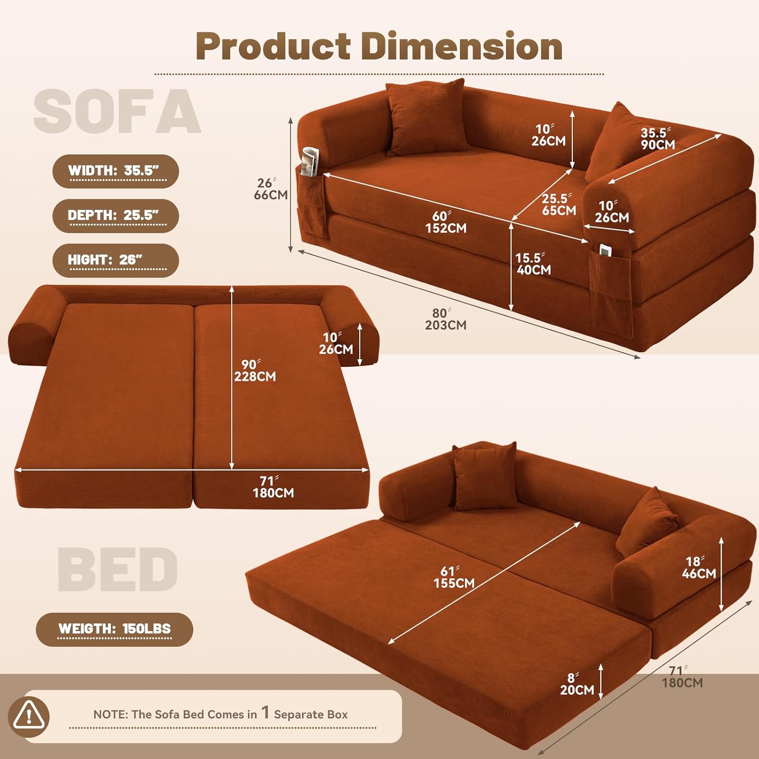 80 Inch Convertible Sofa Bed,Folding Pull Out Couch with Pillows & Storage Pocket,Corduroy Queen Sleeper Sofa in a Box,No Assembly Boneless Couch for Living Room,Orange