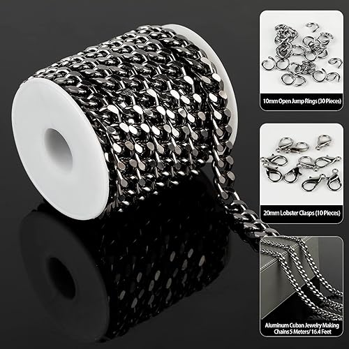 Miniatura 2 de YOUBEIYEE Cadena chapada en negro de 16.4 pulgadas para hacer joyas, cadena de eslabones cubanos de aluminio, collar, pulsera, suministros de