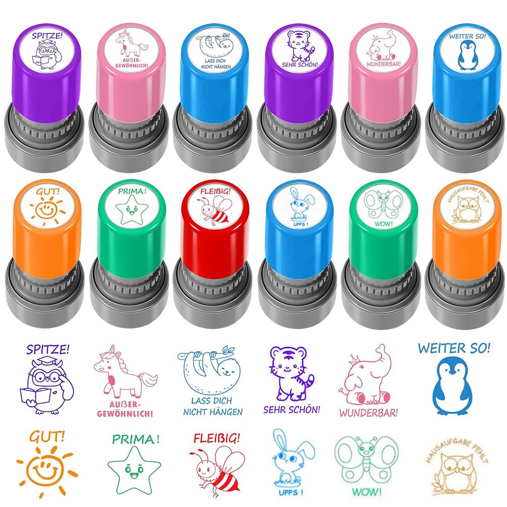 12PCS Teacher Stamps Set, Teachers Self-Inking Rubber Stamps, Colourful Review Stamp for Grading Homework Test Motivation, Classroom Incentive Rewards, Teachers Supplies Gifts
