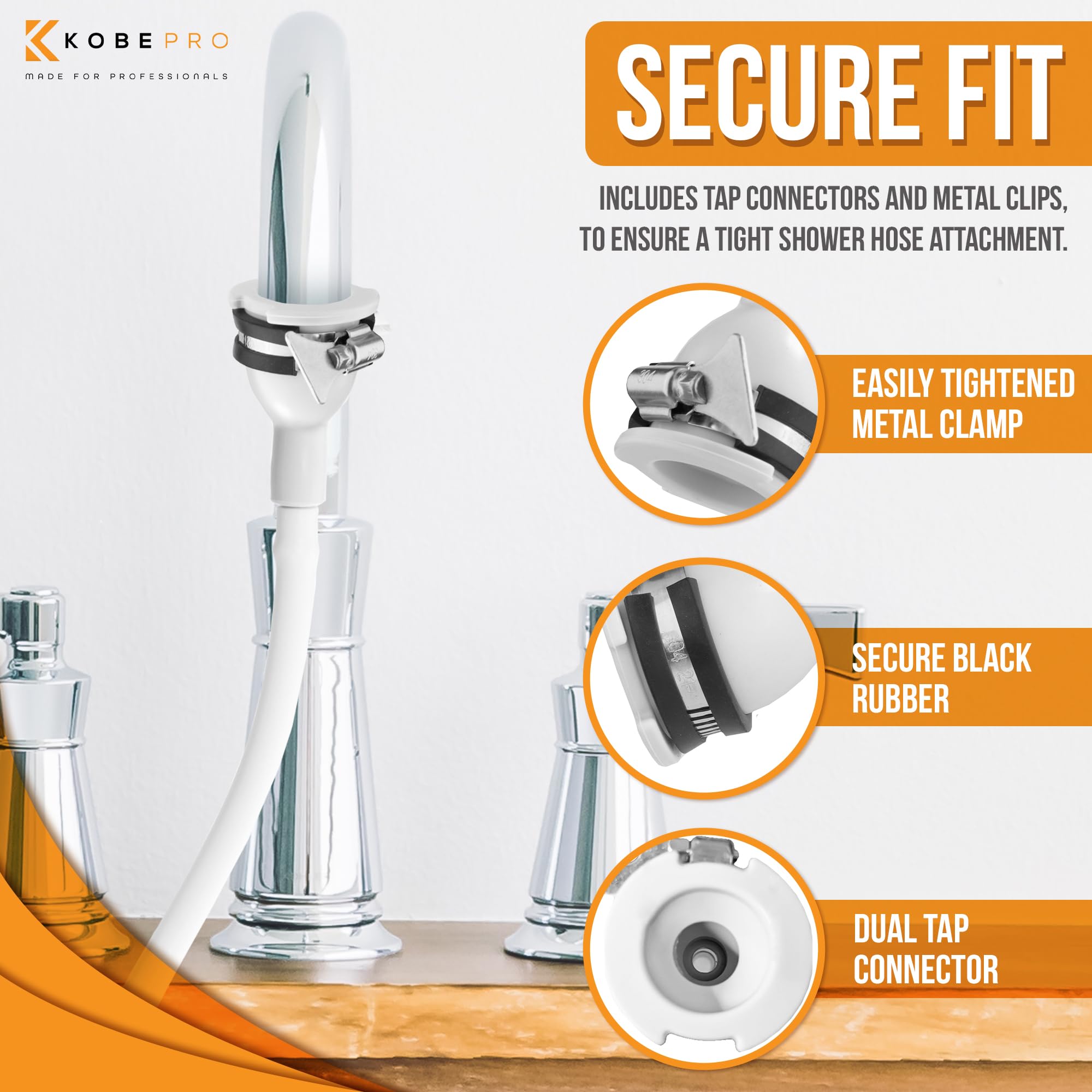 Kobe Cabezal de ducha profesional extra largo y manguera de 3 m de largo con abrazadera de ajuste seguro, perfecto para ducha en casa o aseo de mascotas, abrazadera segura de metal