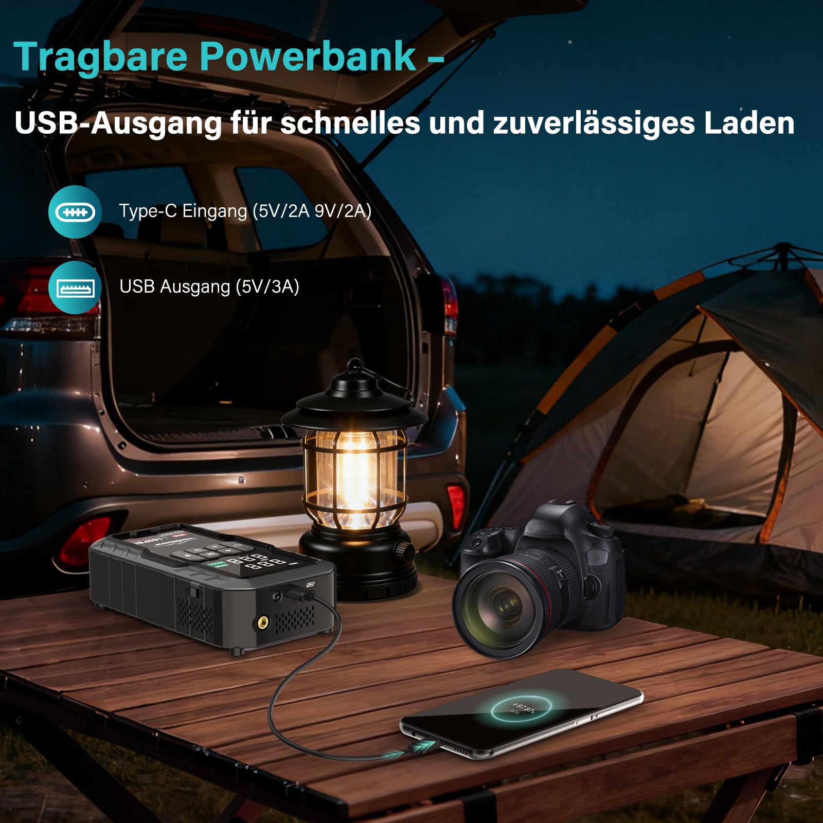 7000A Starthilfe Powerbank für PKW mit 160 PSI Kompressor | 27000 mAh Auto Starthilfe Powerbank für Alle 12V Benzin- & bis zu 8.0L Diesel motoren,4 LED-Lichter,Notfallset für Auto