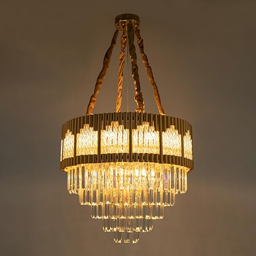 Miniatura 3 de DYNAMI Candelabro de cristal moderno dorado, 23.6 pulgadas, redondo, 5 niveles, cristales transparentes, luces colgantes grandes, altura ajustable