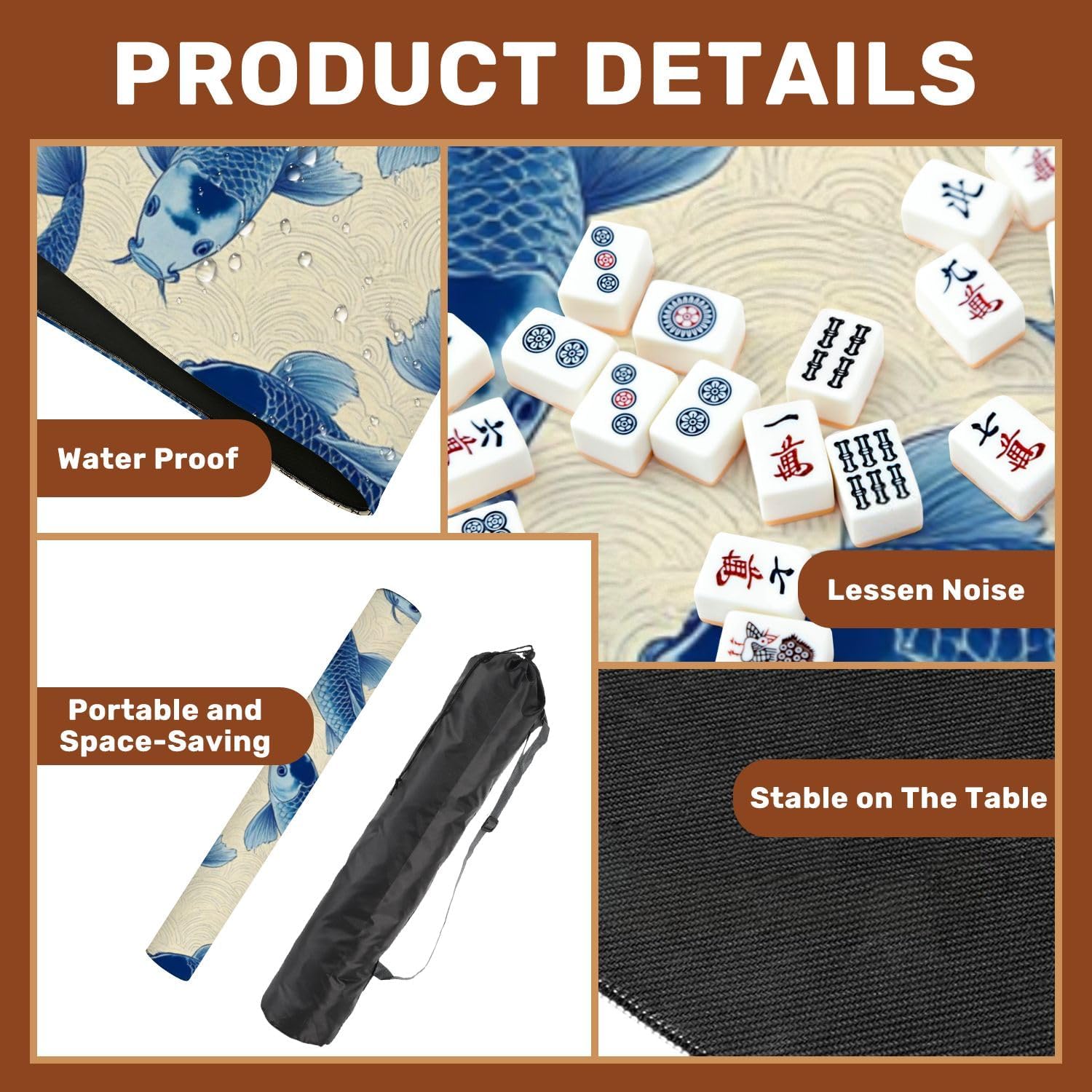 Chinoiserie Mahjong Mat with Carrying Bag 31.5" x 31.5" Blue Fish Elegant Wave Non-Slip Noise Reduction Table Mat for Mahjong Poker Dominoes Card Games