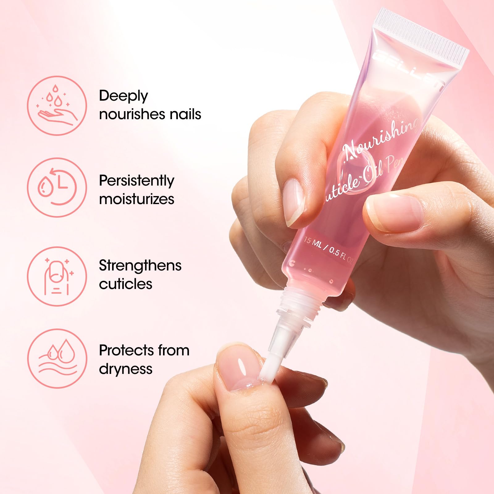 Gellen Huile Cuticules Ongles 15ML Avec Brosse Douce Transparent - Huile De Soin Ongle, Nourrir Ongles et Pieds Abîmés, Vernis Durcisseur Ongle, Riche En Huile de Jojoba et Vitamine E, Couleur Rose