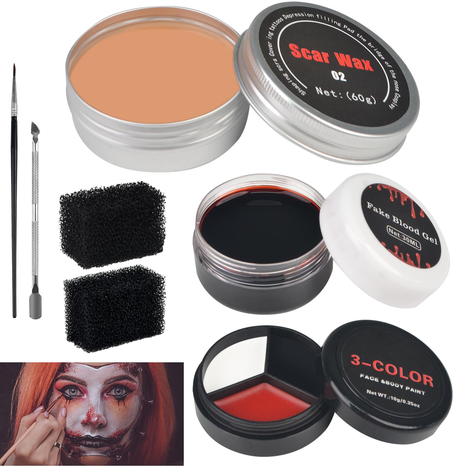7PCS Halloween SFX Special Effects Makeup Kit, SFX Makeup Kit Include 3 Colors Clown Makeups Face Body Paint, Scar Wax,Fake Blood,Spatula,Brush,2PCS Stipple Sponges for Halloween Cosplay Costume Party Palette+Scar Wax+Spatula+Blood Cream+Spong+Brush