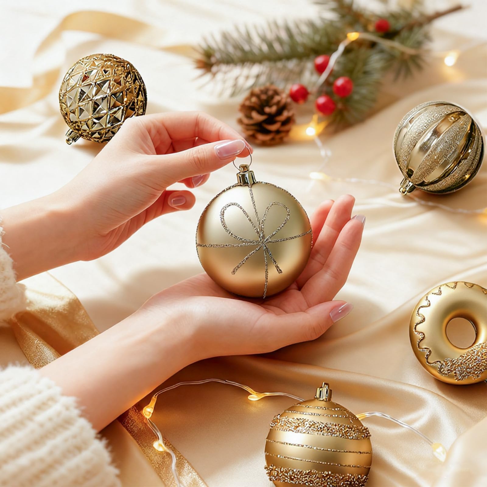 Shareconn 70pcs Christmas Ball Set - Ornements en Plastique incassable, Rubans et décorations pour Le Sapin - Parfait pour Les fêtes de Fin d'année et Les Mariages, Champagne Gold