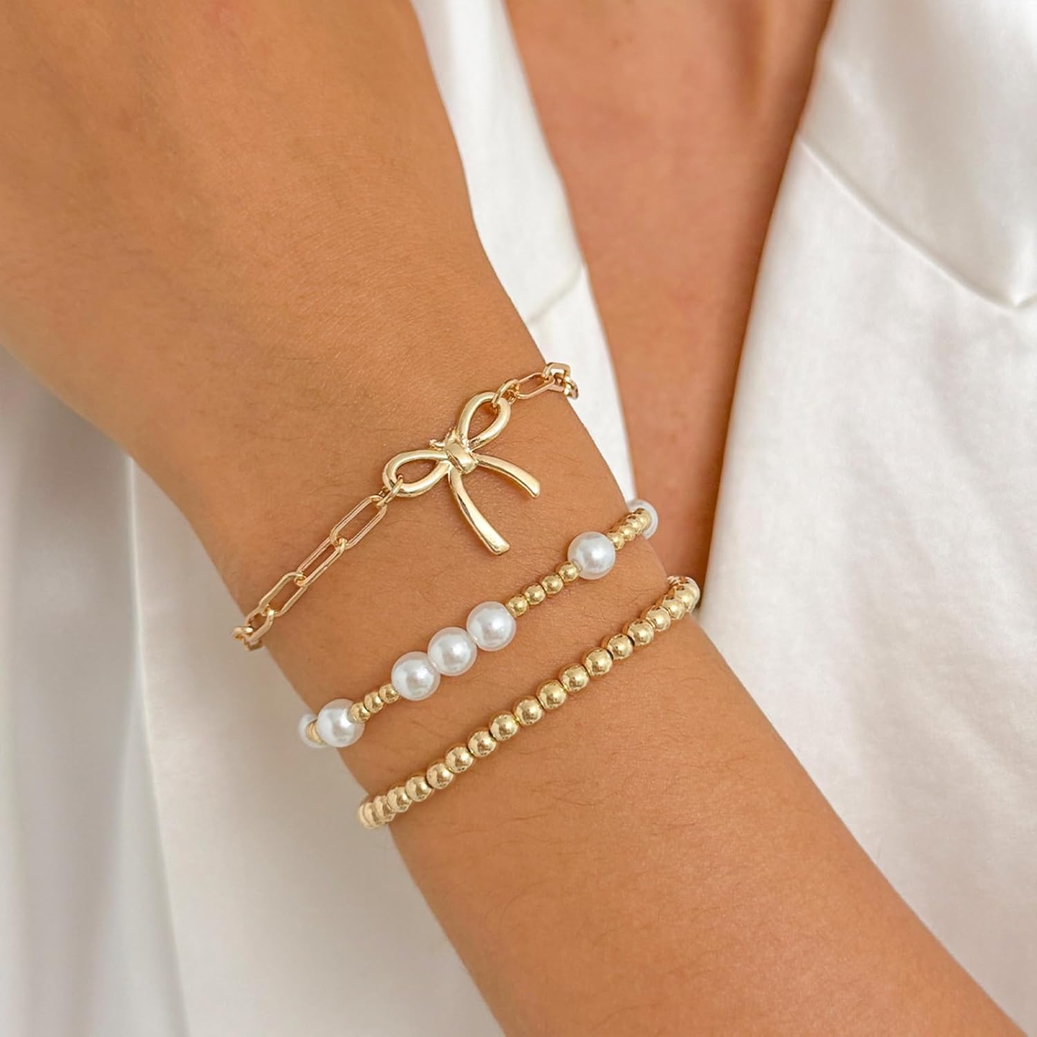 Gold Bracelets for Women Non Tarnish Stackable Bracelets for Women Stretchy Bead Bracelet with Bow Charm Christmas Jewelry Accessories - Image 2