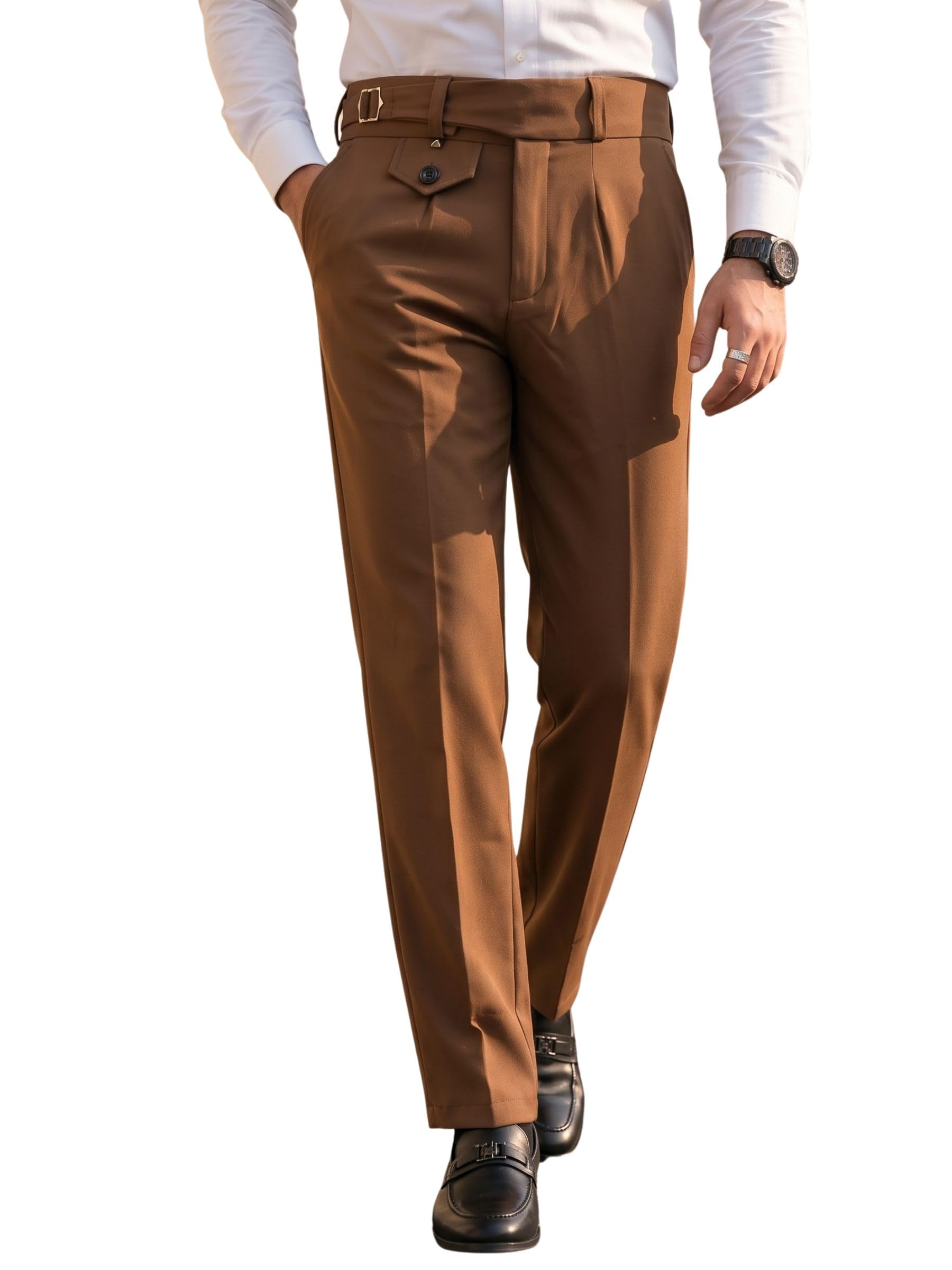 men's pleated gurkha pants with side buckle | vintage classic high rise trousers for men | straight fit formal pants for men