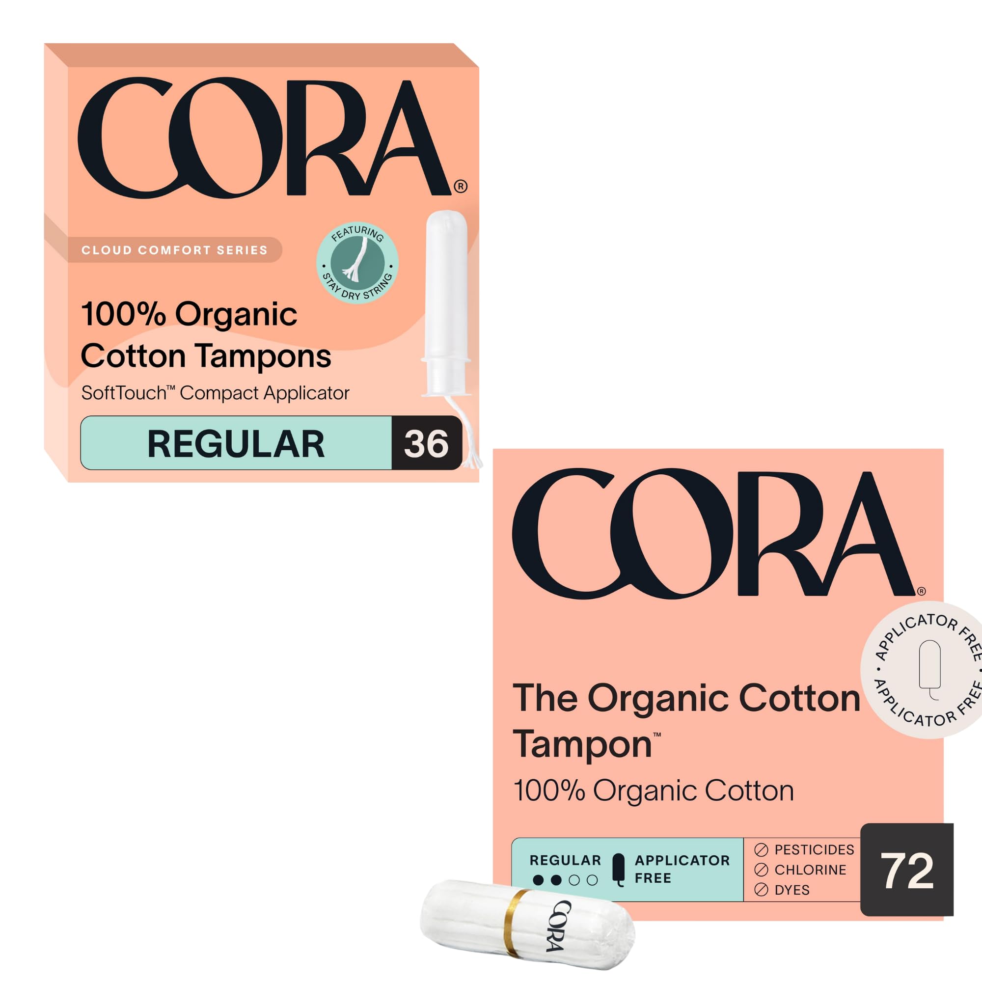 Cora Organic Feminine Care Applicator and Non-Applicator Tampon Packs Ultra-Absorbent Unscented Natural Non-Toxic 108 Total Bundle Pack