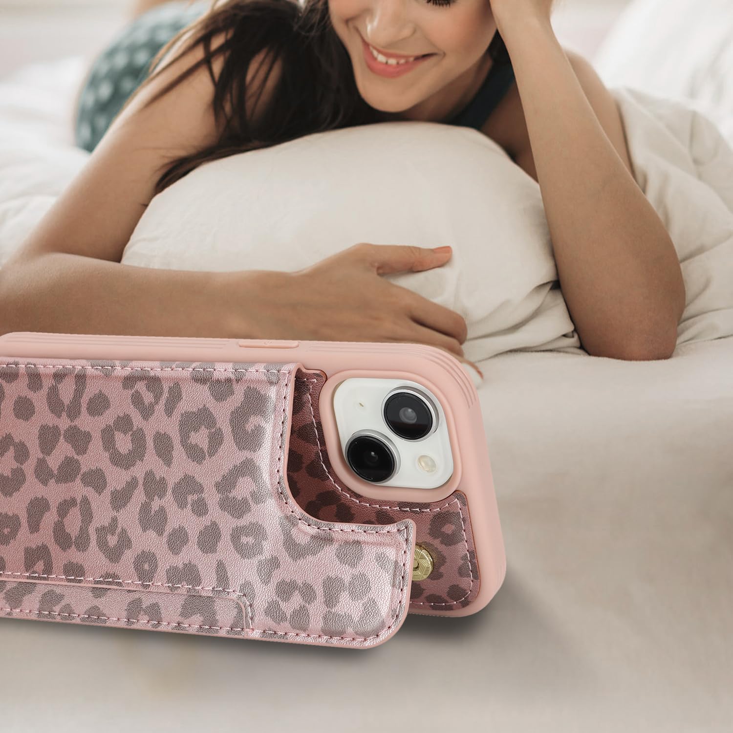 iCoverCase Compatible with iPhone 13 Phone Case with Card Holder, Wallet Case for Women Men RFID Blocking PU Leather Protective Case 6.1 Inch (Rose Gold Leopard) - Image 5