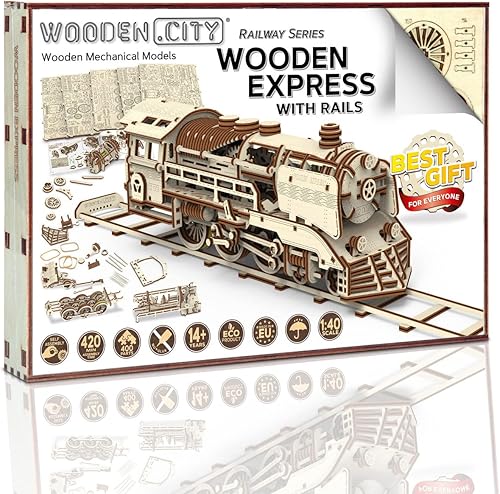 Miniatura 9 de WOODEN.CITY Wooden Express with Rails - Rompecabezas de madera 3D para adultos  Construye tu propio tren Express con motor de banda de goma  Modelo