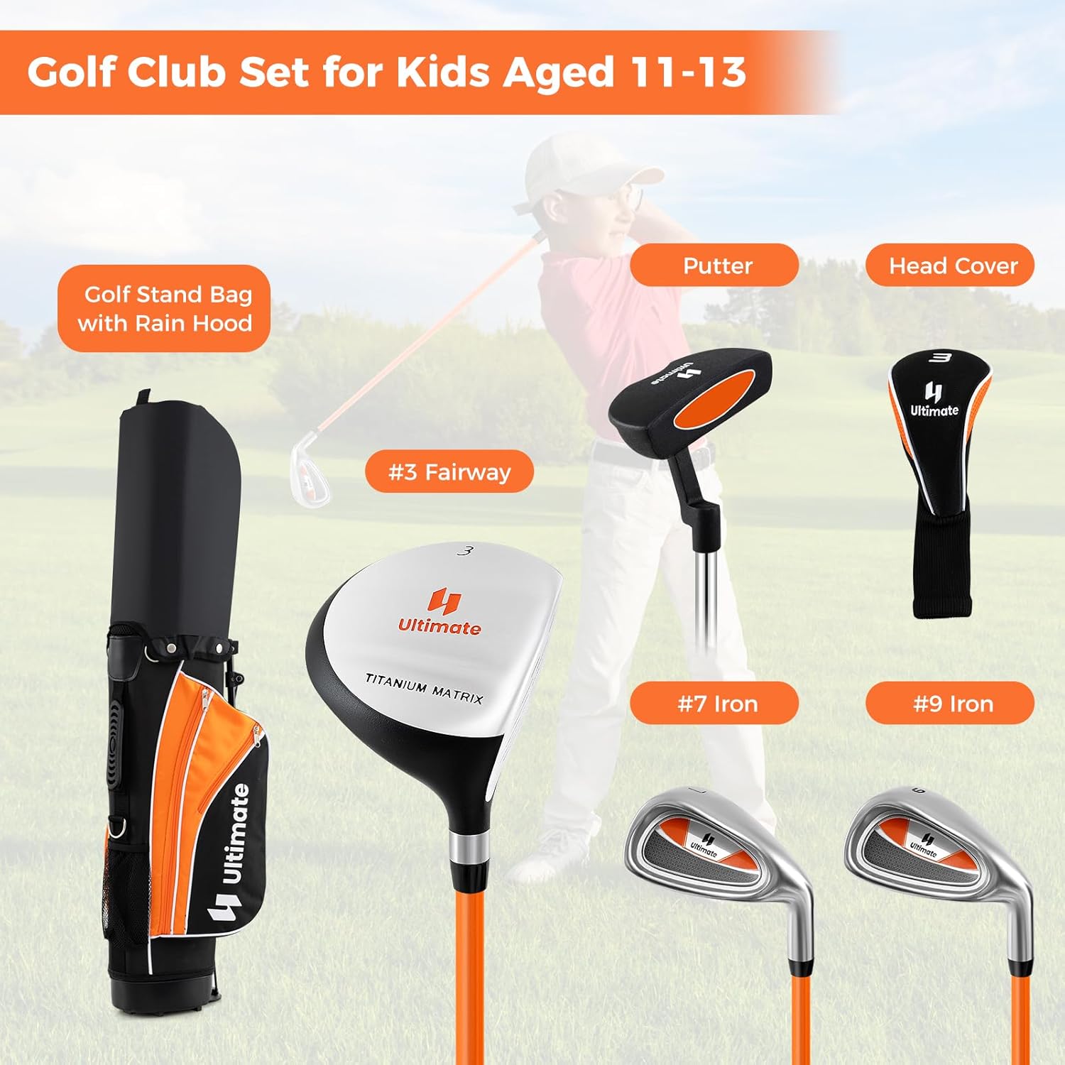 Goplus Junior Complete Golf Clubs Set for Kids, Right Hand Golf Clubs w/Stand Bag, 165CC #3 Fairway, #7 & #9 Irons, Putter, Head Cover, Rain Hood, Boys Girls Aged 8-10,11-13