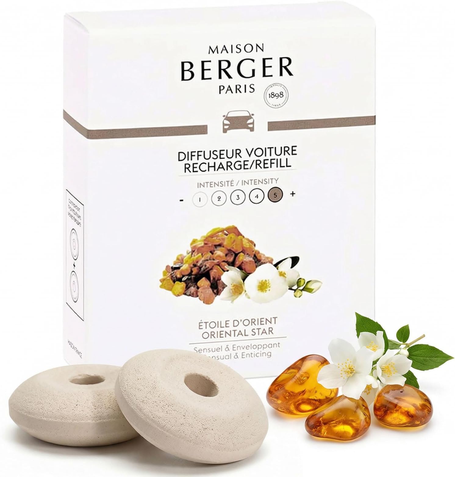 Maison Berger Luxury Car Diffuser Refill Set – Ceramic Inserts for Vent Clip Diffusers, 4-Week Passive Diffusion, Premium In-Car Fragrance Refill, Made in France (Oriental Star)